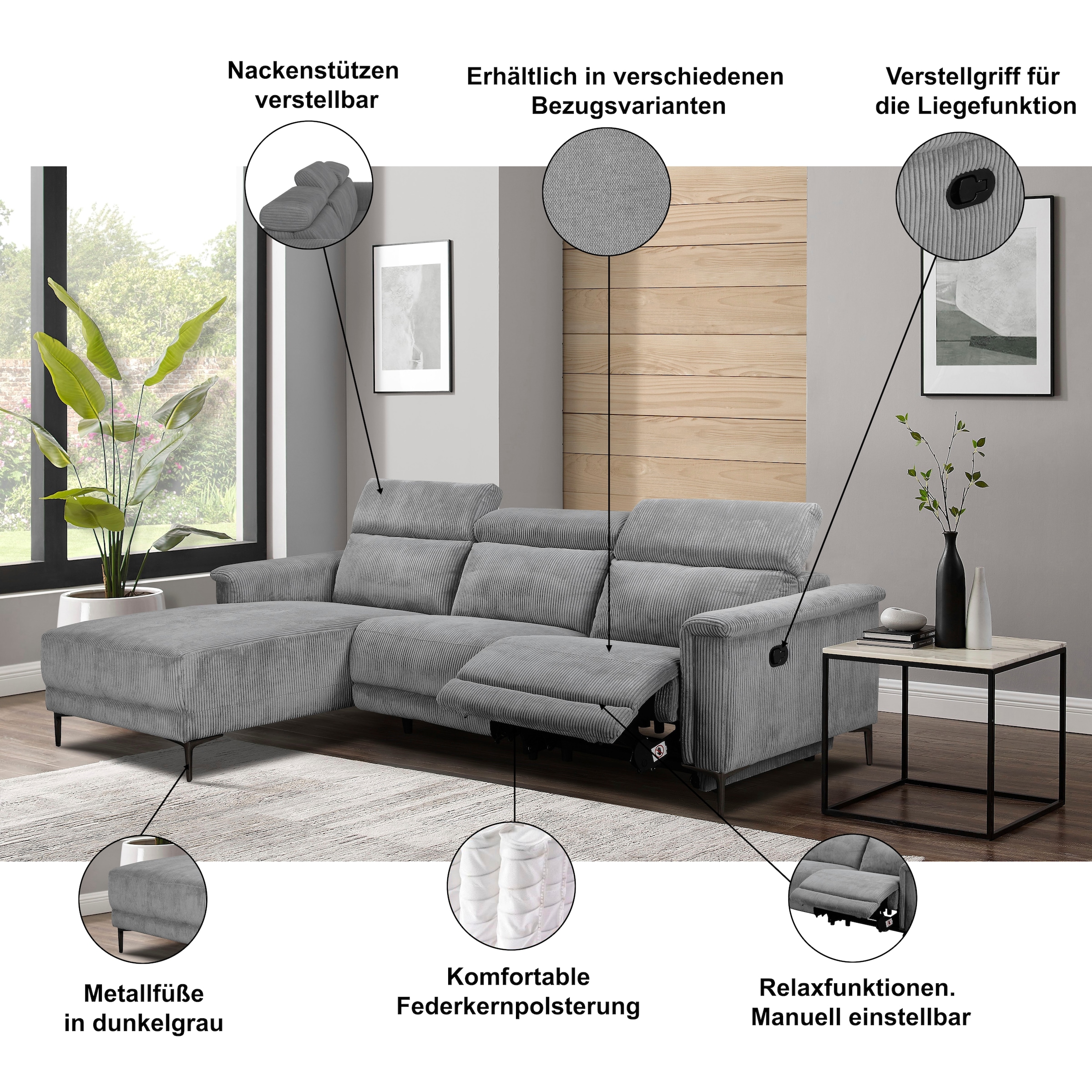 Home affaire Ecksofa »Lund in Cord, L-Form, 261 cm, manuelle und elektr. Relaxfunktion,« USB-C und Kopfteilverstellung