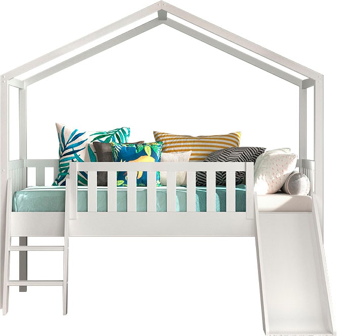 Vipack Hausbett »Kiefer massiv weiß lackiert, Made in Europe, stabil gebaut« B/H/T ca. 213x201,8cm, wahlweise mit und ohne Rutsche,  mit Leiter, offenem Dach, Rolllattenrost und Absturzschutz