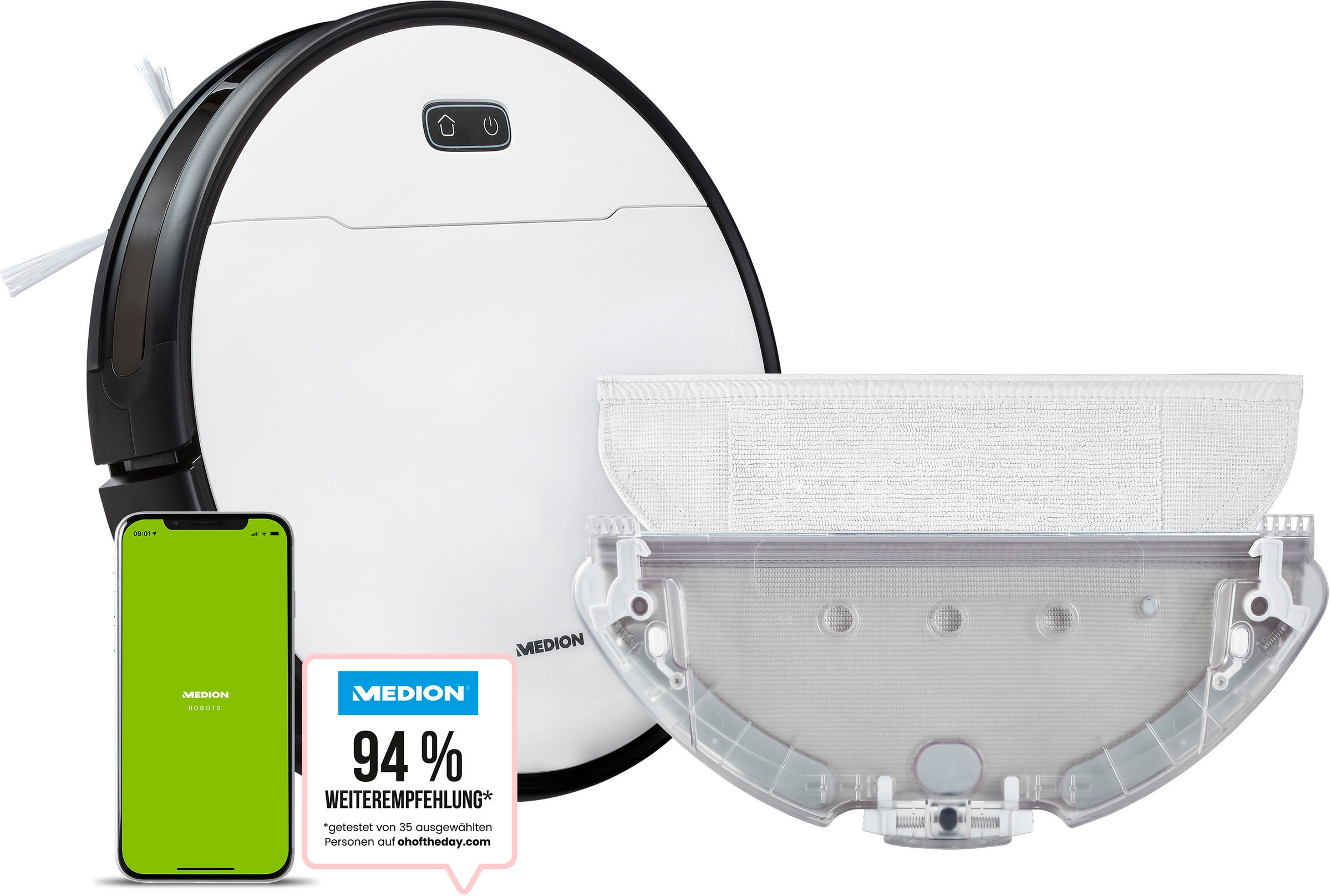 Medion® Nass-Trocken-Saugroboter »S30 SW MD 20021«, App + Alexa, Laufzeit bis zu 140 Min, regulierbare Wasserabgabe