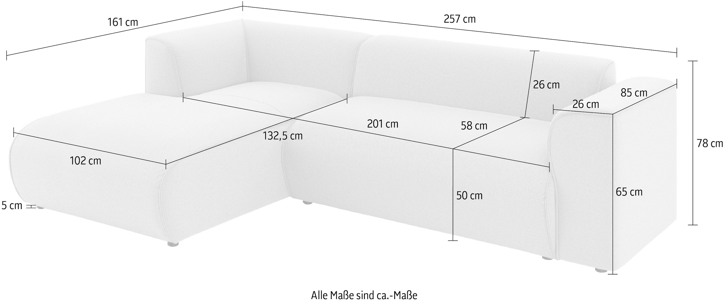 INOSIGN Ecksofa »MERID L-Form (257 cm), zeitlos & stilvolles Design,«, Aufwendig gepolstert, in Cord, Chenille und Struktur