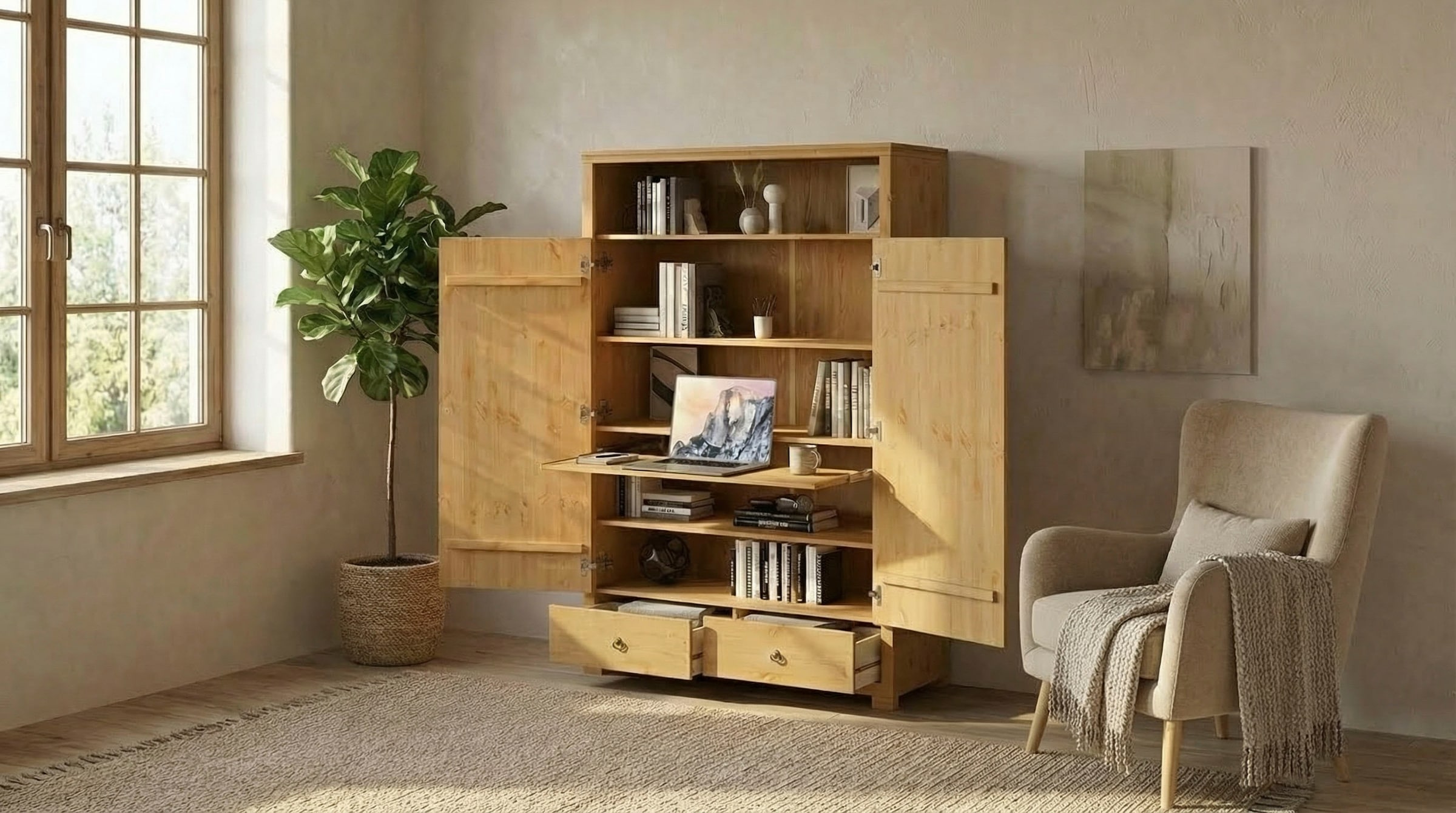 OTTO home Wäscheschrank »Gotland! Home Office Schrank, Mehrzweckschrank, Büroschrank« H/B/T ca. 180/125/40cm,  mit Ausziehregal, Schublade, stabil + langlebig, Massivholz made in EU