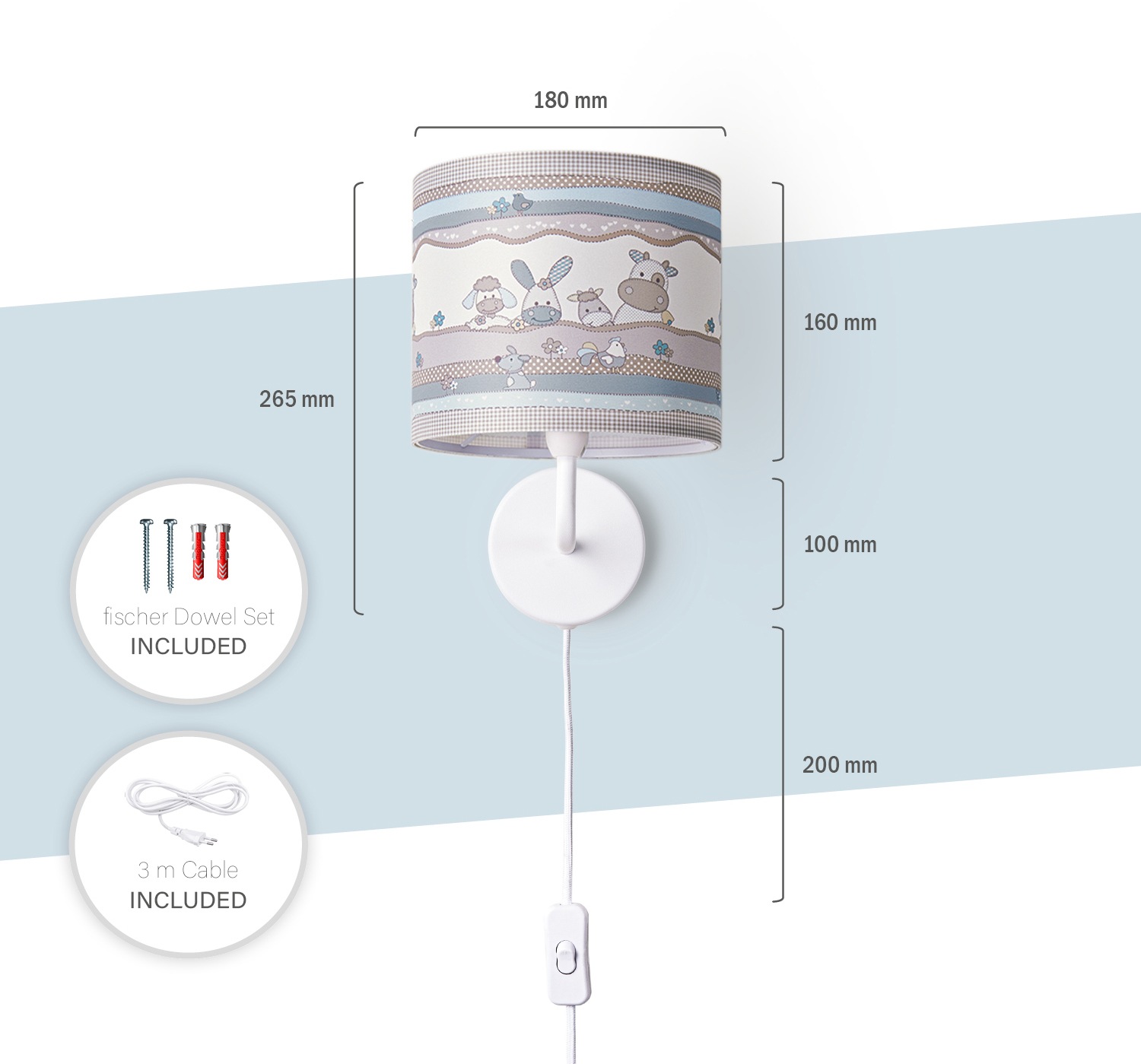 Paco Home Wandleuchte »Cosmo 210«, 1 flammig, Leuchtmittel E14 | ohne Leuchtmittel, Kinderlampe Wandlampe Schalter âˆ…18cm Tier-Motiv Beige Kabel 3m E14