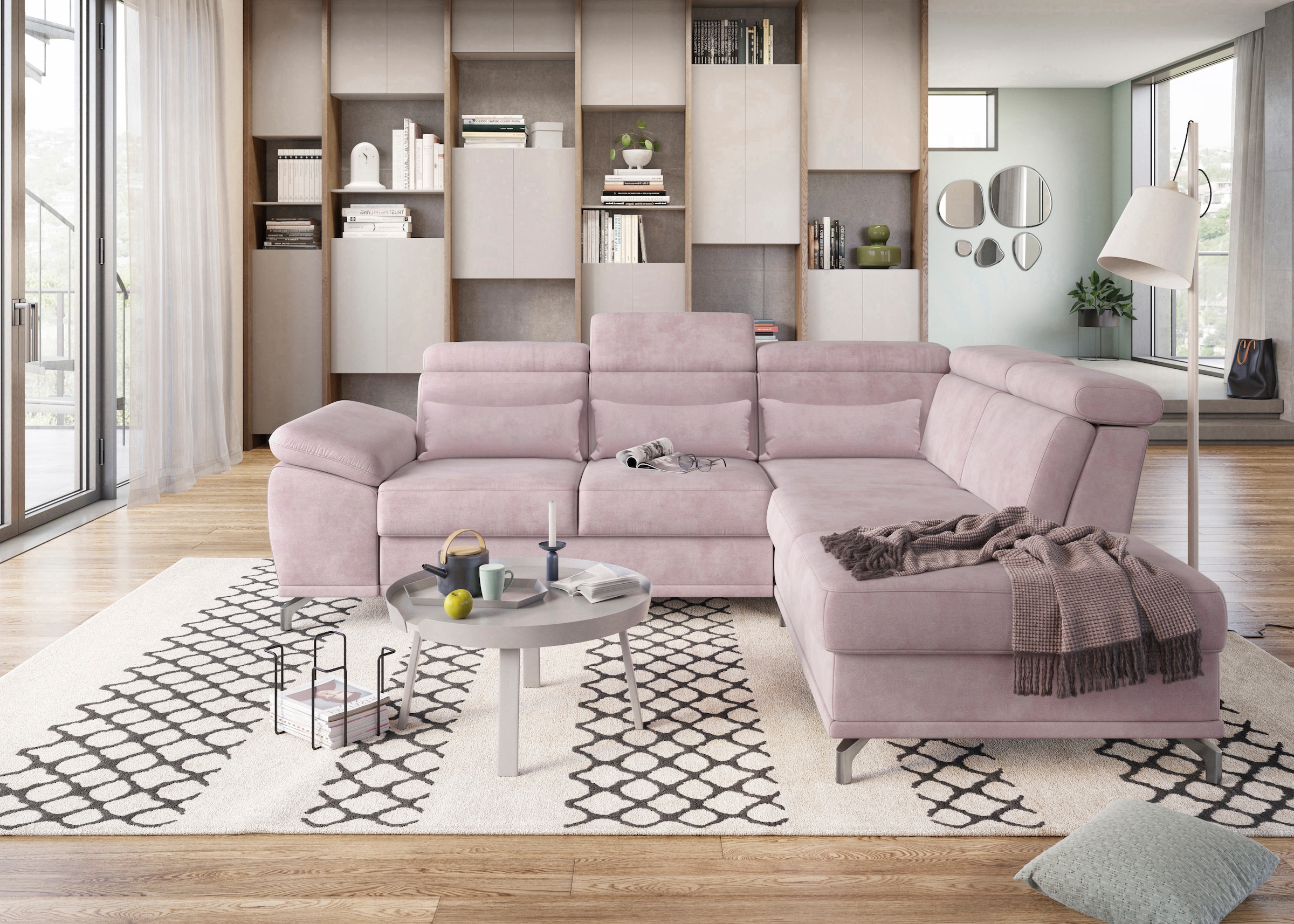 sit&more Ecksofa »Cabrio L-Form, mit Sitztiefenverstellung, Arm- und Kopfteilverstellung«, 3 Nierenkissen, Federkern, optional Bettfunktion und Stauraum