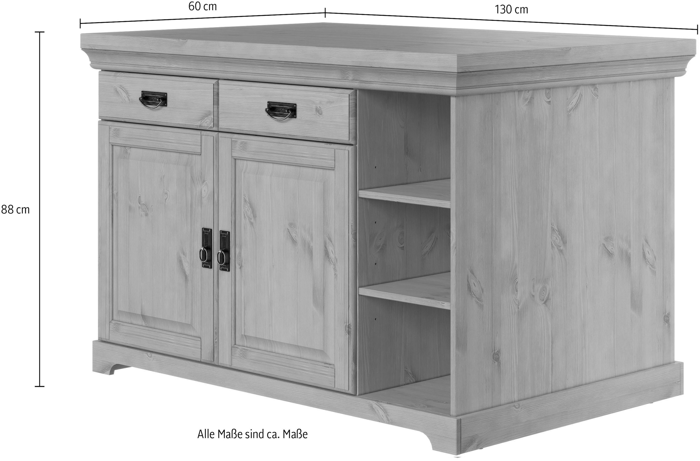 Home affaire Kücheninsel »Rügen«, Breite 130 cm, Kiefer massiv, mit Türen, Schubkästen, offenen Fächern
