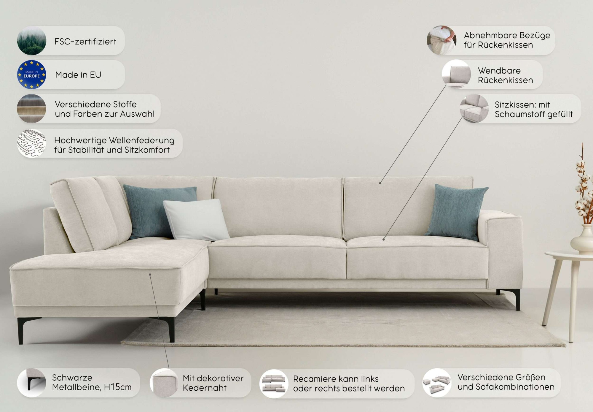 Places of Style Ecksofa »Polsterecke Oland, Struktur, Flachgewebe, Luxus-Microfaser, Boucle«, L-Form, 289 cm, Wellenunterfederung, Skandi-Design, Metallfüße