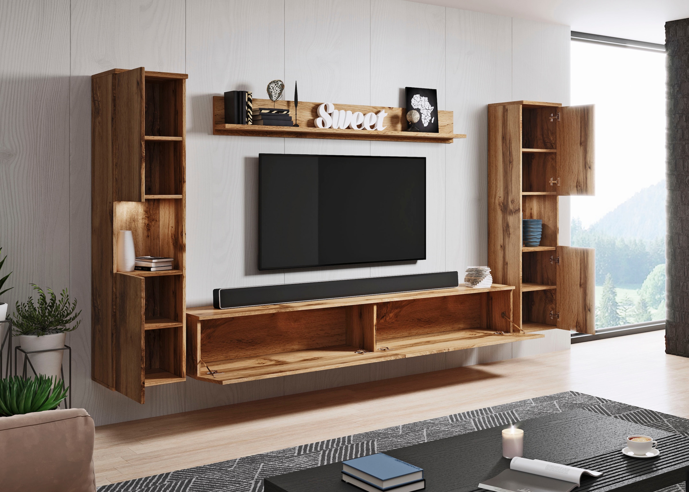 INOSIGN Wohnwand »PARIS«, (Komplett-Set, 4 St.), TV-Wand 260cm breite, grifflose Design, stehend und hängend montierbar