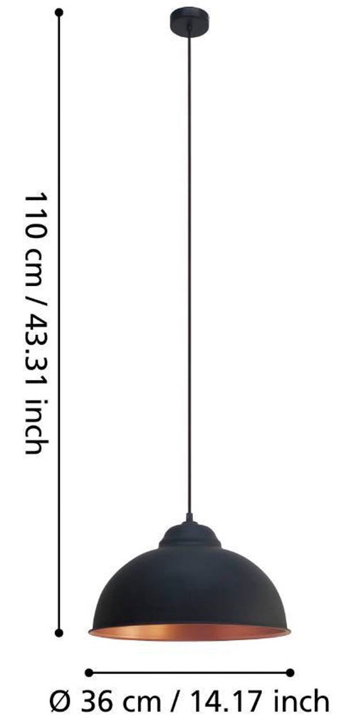 EGLO Hängeleuchte »TRURO 2 Hängelampe, Esstischlampe, Stahl, schwarz, kupfer, E27«, 1 flammig, Leuchtmittel E27 | ohne Leuchtmittel, Wohnzimmerlampe, 1 flammig, Vintage, Industrial, Retro, 110x37cm