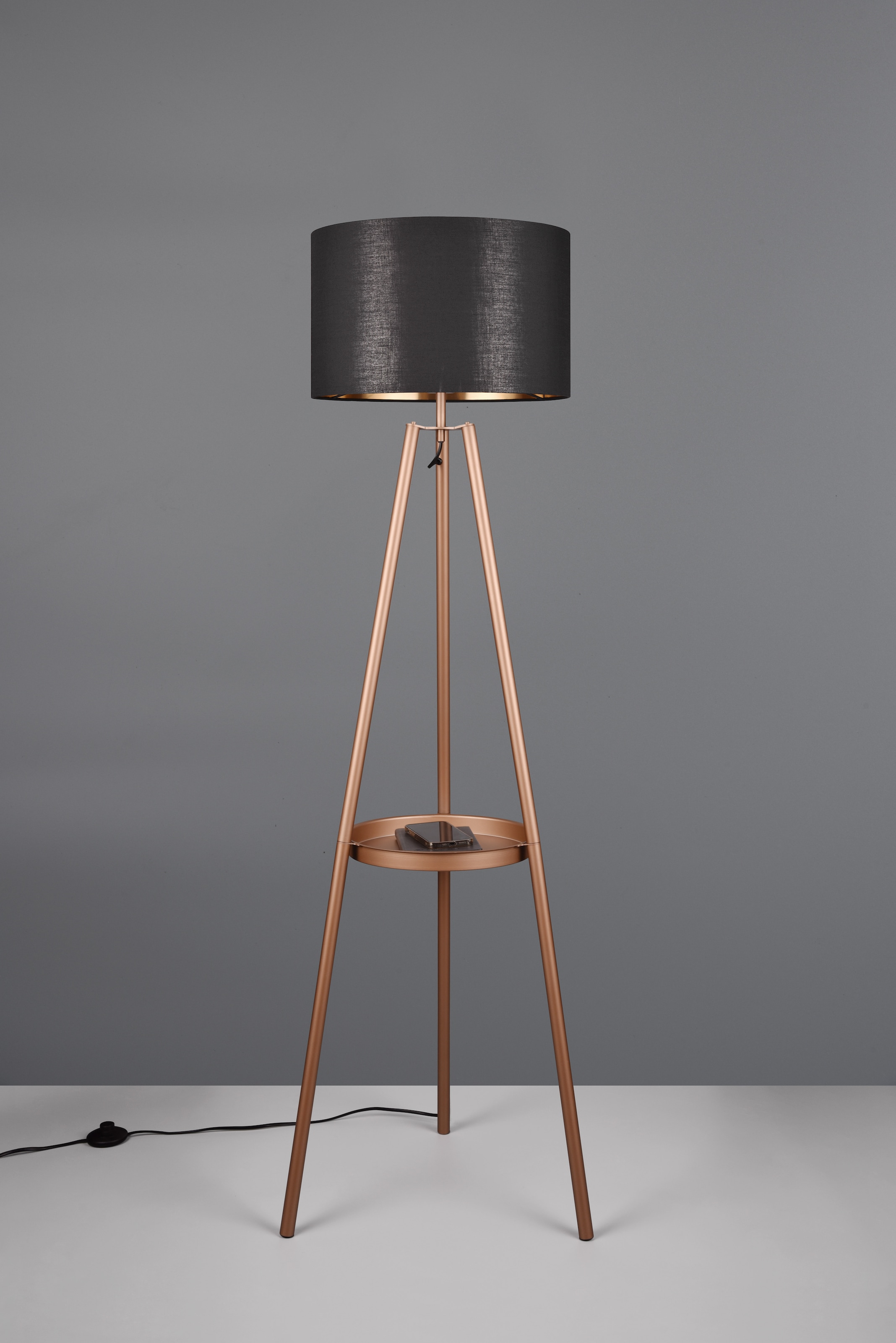 REALITY Leuchten Stehlampe »COLETTE, Stehleuchte Dreibein mit Ablagefläche exkl 1xE27 max 60W«, 1 flammig, Leuchtmittel E27 | Leuchtmittel wechselbar, Stehleuchte Ø 57cm mit Fußschalter moderne Farbkombination innen gold