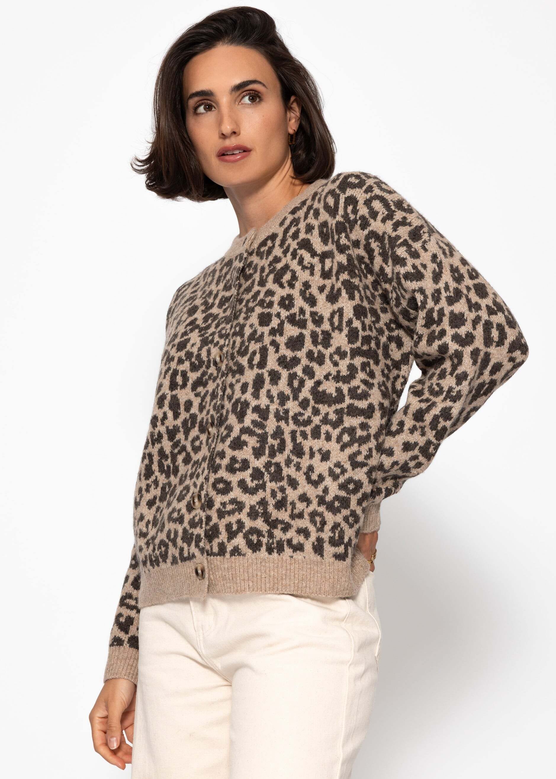 SASSYCLASSY Cardigan »Cardigan mit Leo-Muster« Cardigan mit Wollanteil mit Leopardenmuster Grau Schwarz Beige Braun
