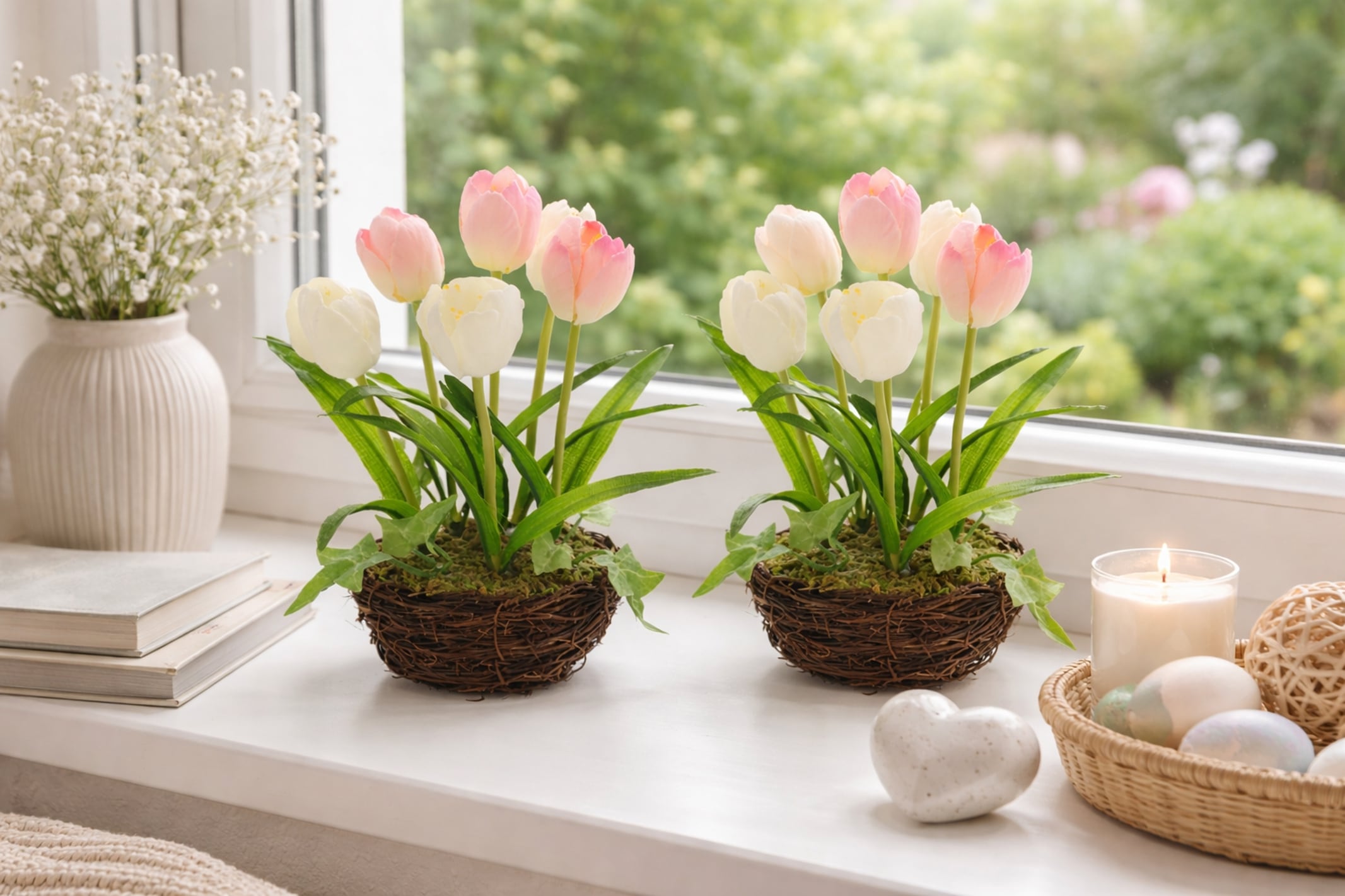 I.GE.A. Kunstblume »Gesteck Tulpe im Weidenest 2er Set 20cm« Kunstblume Blumen Frühjahrsdeko Osterdeko Seidenblume Zimmerpflanze