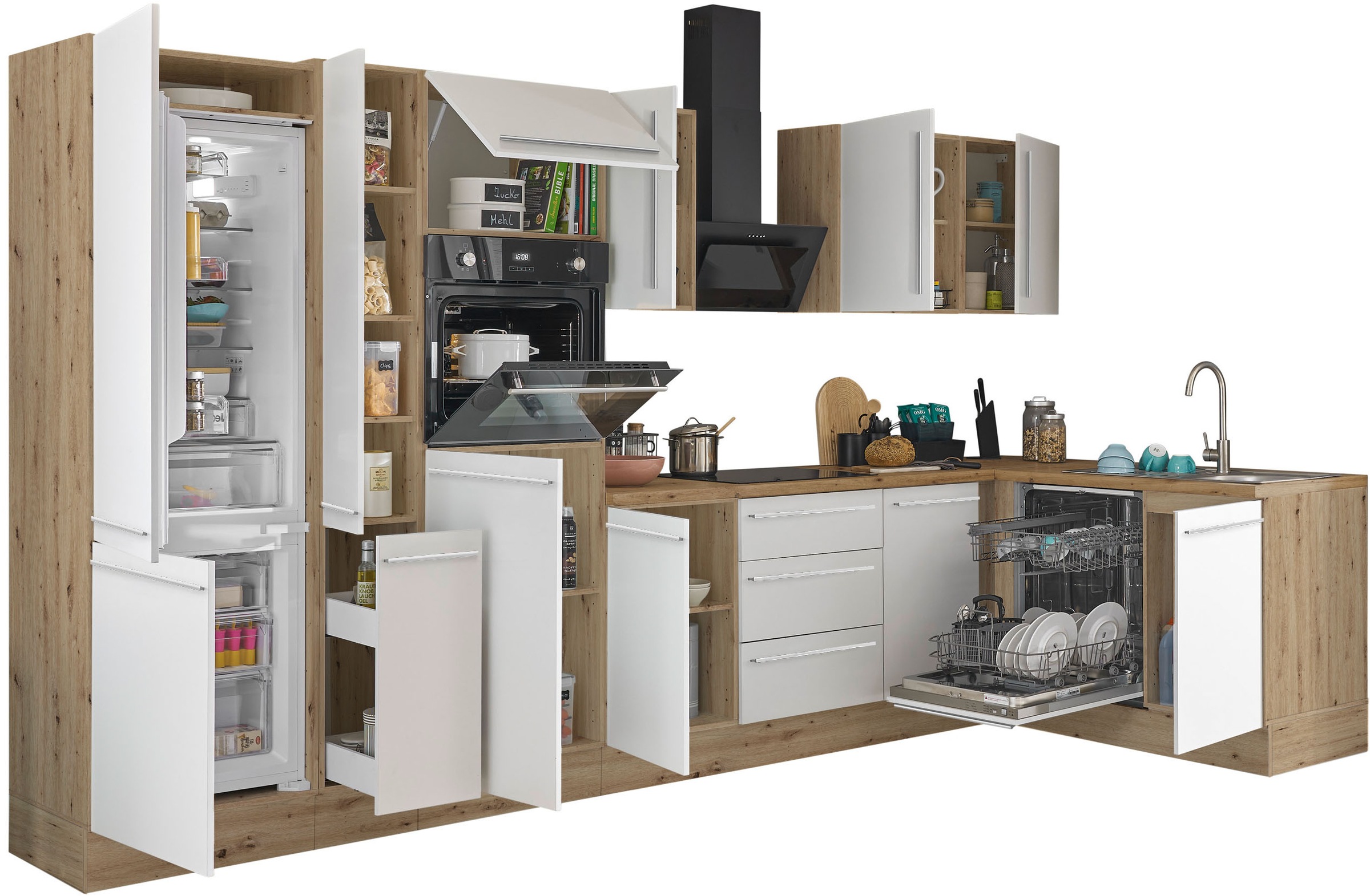 KOCHSTATION Winkelküche »Florida, Stellbreite 370x175 cm«, wahlweise mit E-Geräten, mit Softclose für Türen und Schubkästen