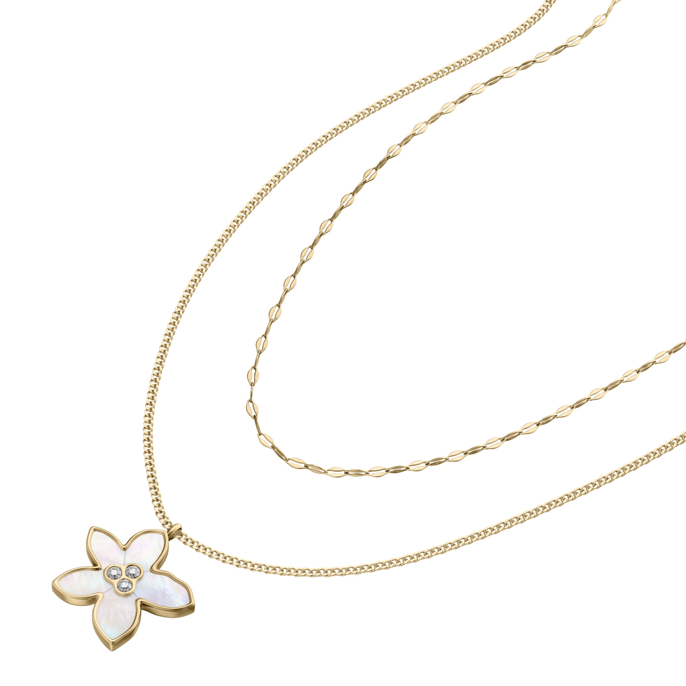 Fossil Kette mit Anhänger »Schmuck Geschenk Edelstahl Halskette Layering Blume Sutton« mit Glasstein - mit Perlmutt