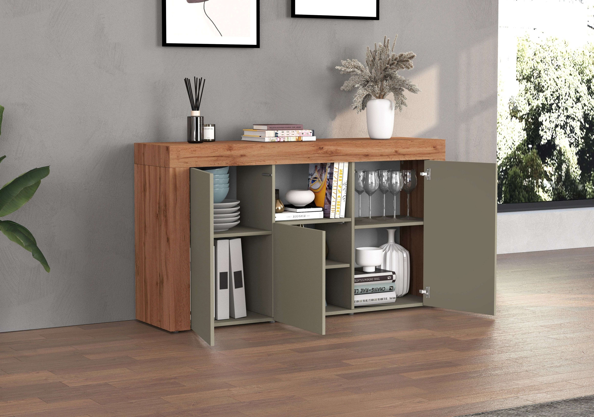 INOSIGN Sideboard »CHRONOS Breite 155 cm mit 3 Türen, 1 offenes und 6 geschlossene Fächer«, (1 St.), Sideboard,Kommode, Schrank, Grifflos mit Push to Open, Made in Italy