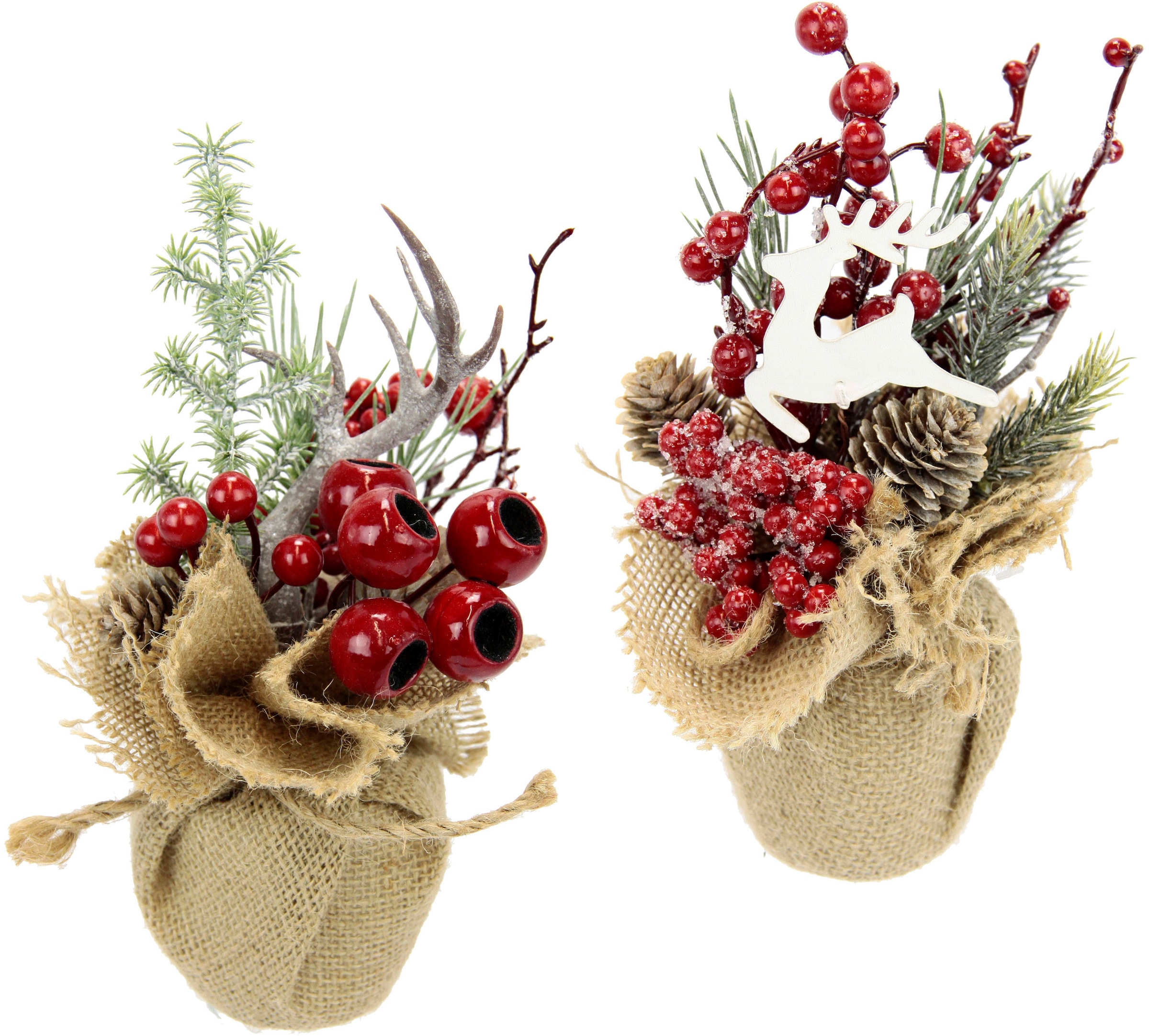 Winterliche Kunstpflanze »Weihnachtsgesteck in Jute, Weihnachtsdeko im 2er Set,«,...