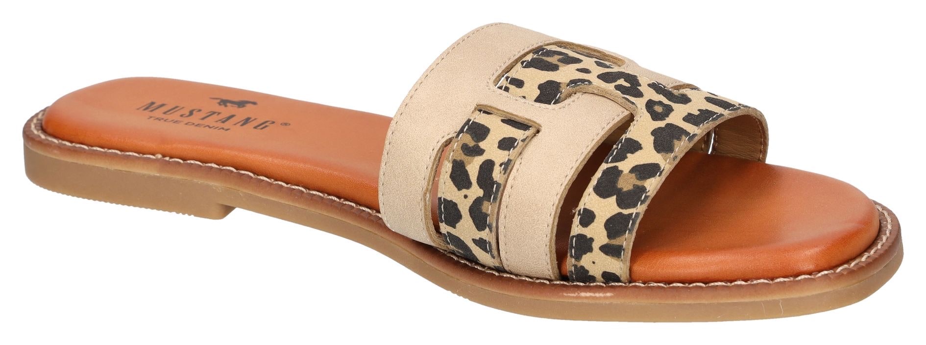 Mustang Shoes Pantolette, Flats, Sommerschuh, Urlaubschuh, Slides mit Leo-Einsätzen