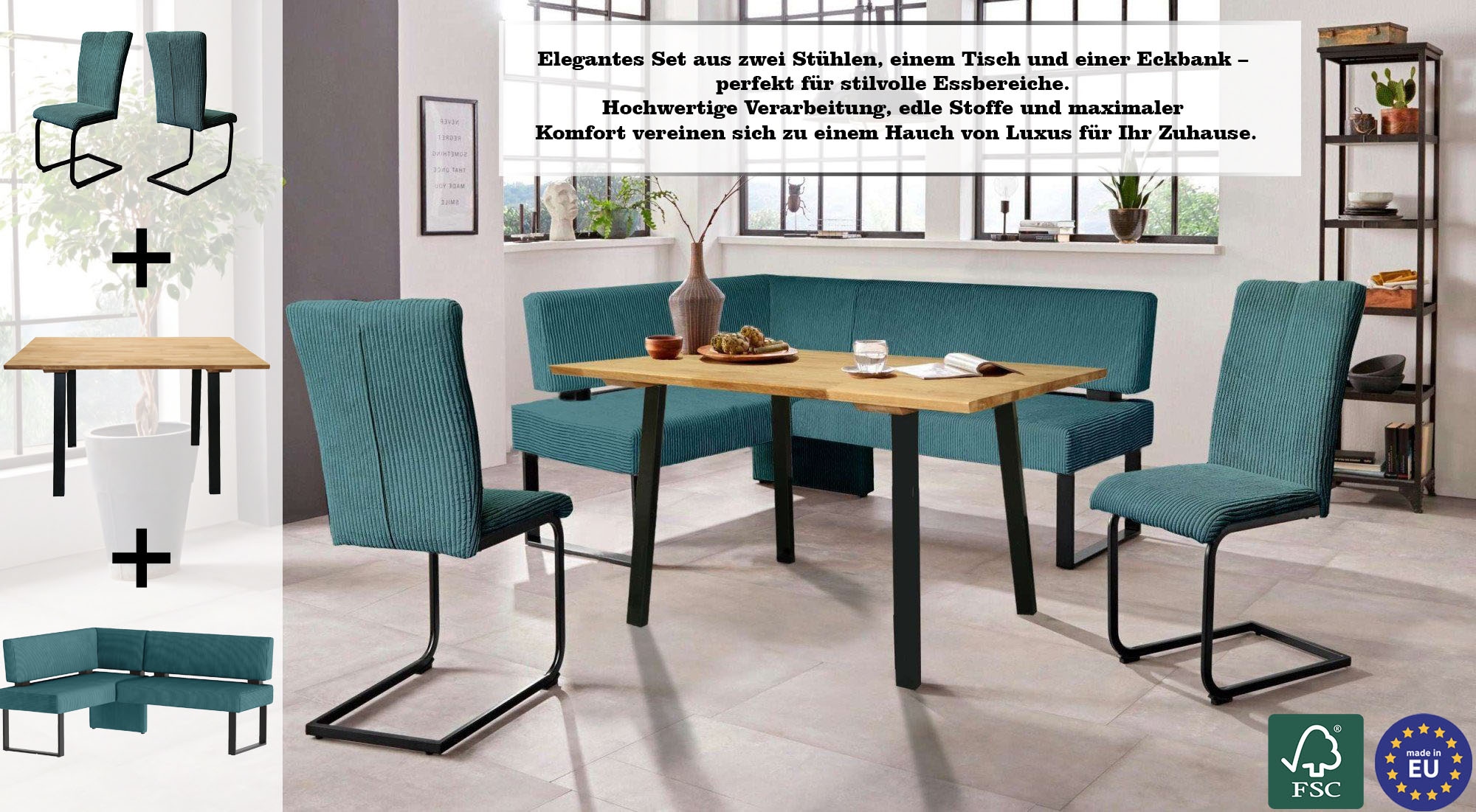 Home affaire Eckbankgruppe »Oliver«, (Set, 4 tlg., 4-tlg), Eckbank mit Wellenunterfederung im Sitz, Tisch Massiv Eiche
