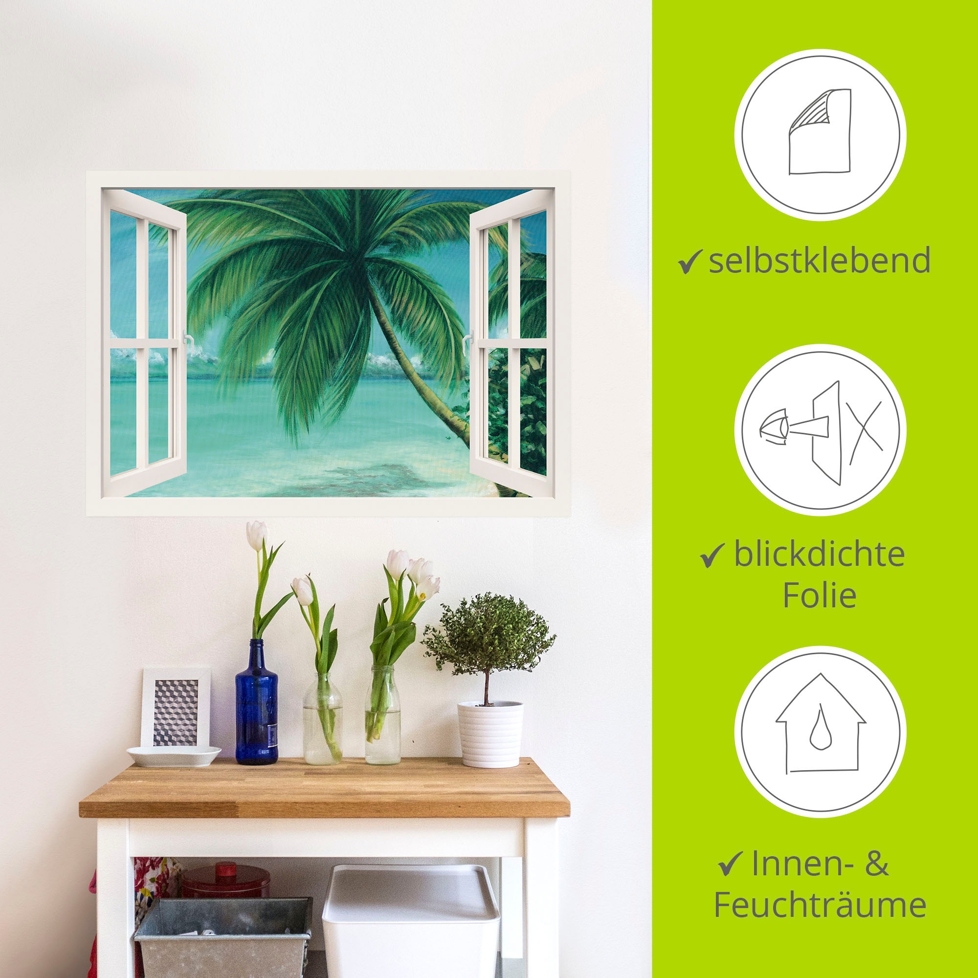 Artland Wandfolie »Fensterblick - Palmenstrand«, Fensterblick, (1 St.), selbstklebend