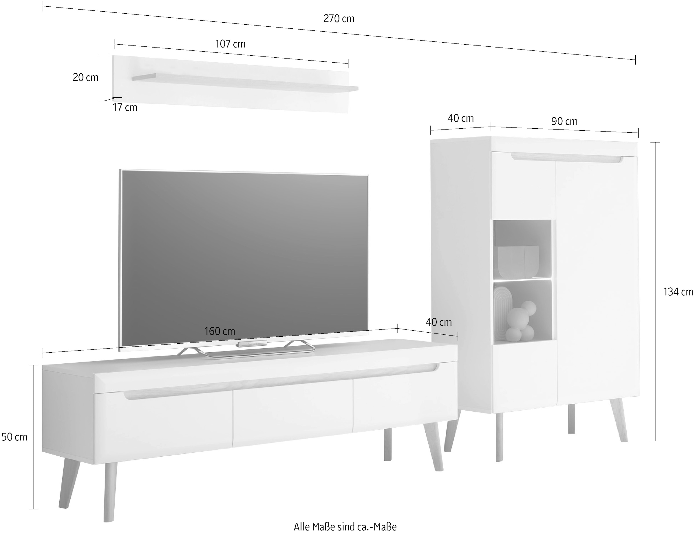 INOSIGN Wohnwand »Torge, Anbauwand, Schrankwand, Mediawand, Wohnzimmer-Set«, (Set, 3 St.), enthält 1 Vitrine, 1 Lowboard + 1 Wandboard, 270 cm breit