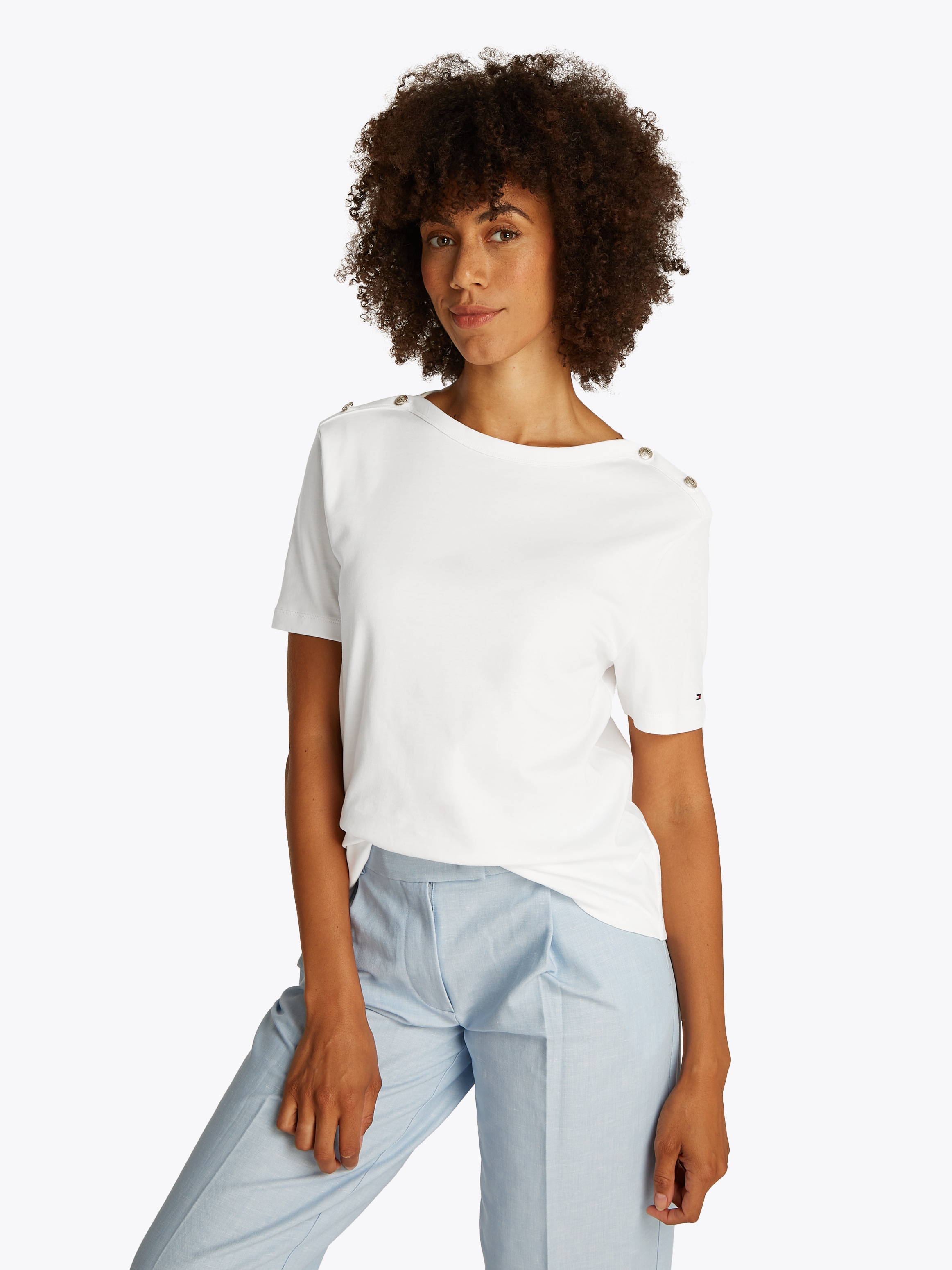 Tommy Hilfiger Rundhalsshirt »REG STRIPE GOLD BTN C-NK SS«, mit goldfarbenem Knopf