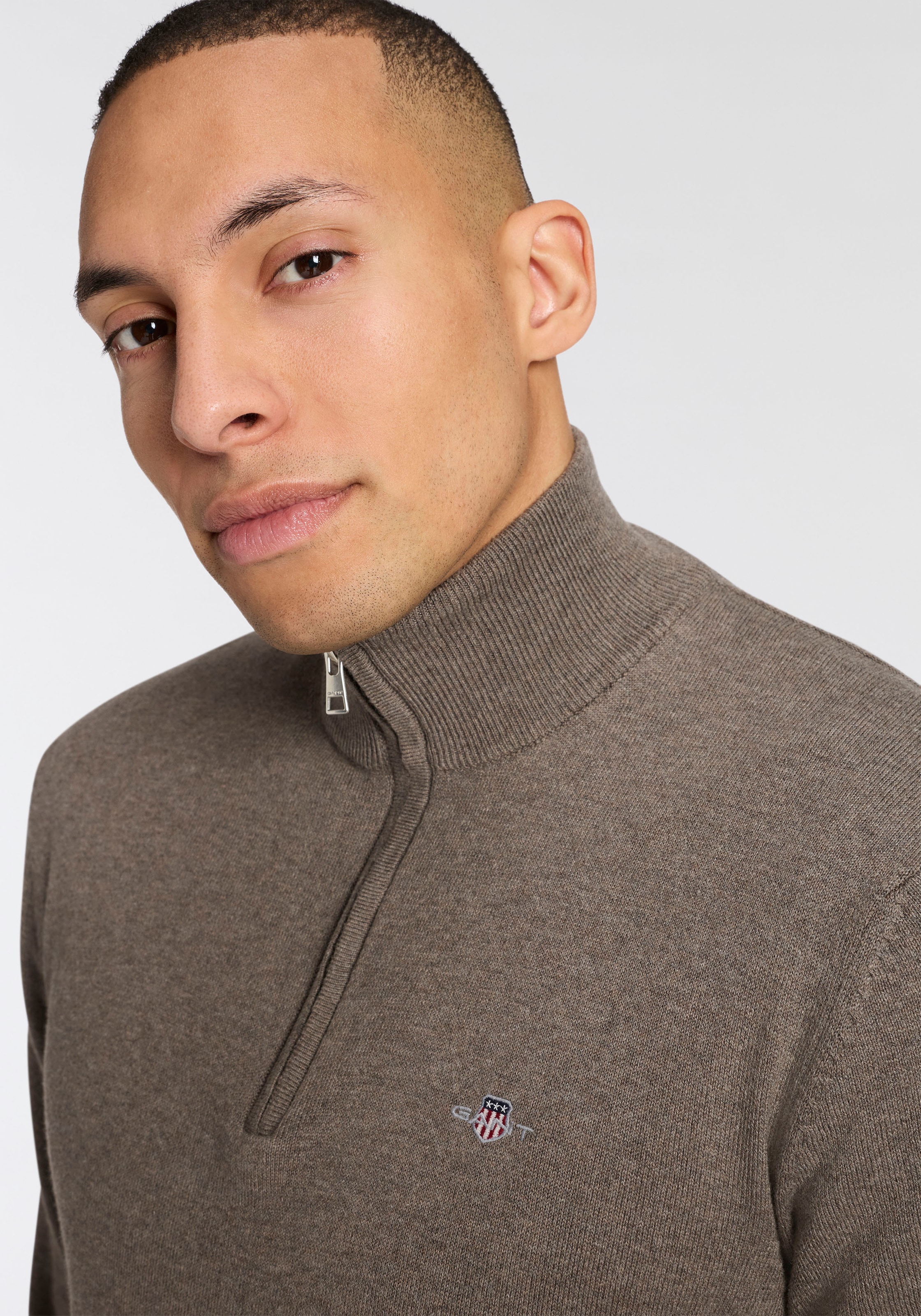 Gant Stehkragenpullover »COTTON/WOLL HALF ZIP« mit Rippstrick-Details, normale Passform