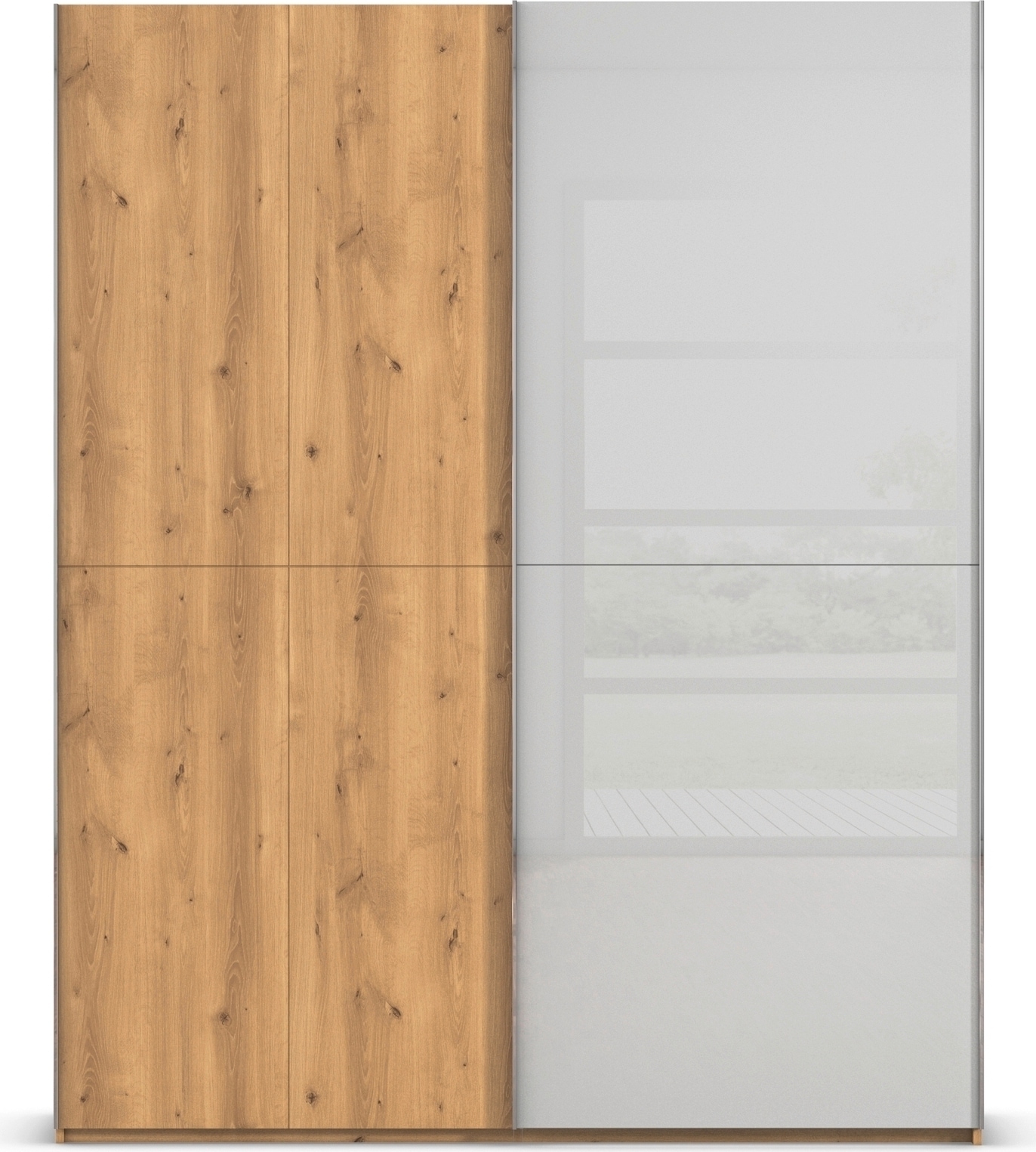 rauch Schwebetürenschrank »Kleiderschrank Schrank Garderobe Schlafzimmerschrank SCALE-WOOD«, edle geteilte Front in massiver Asteiche mit Glastüren MADE IN GERMANY