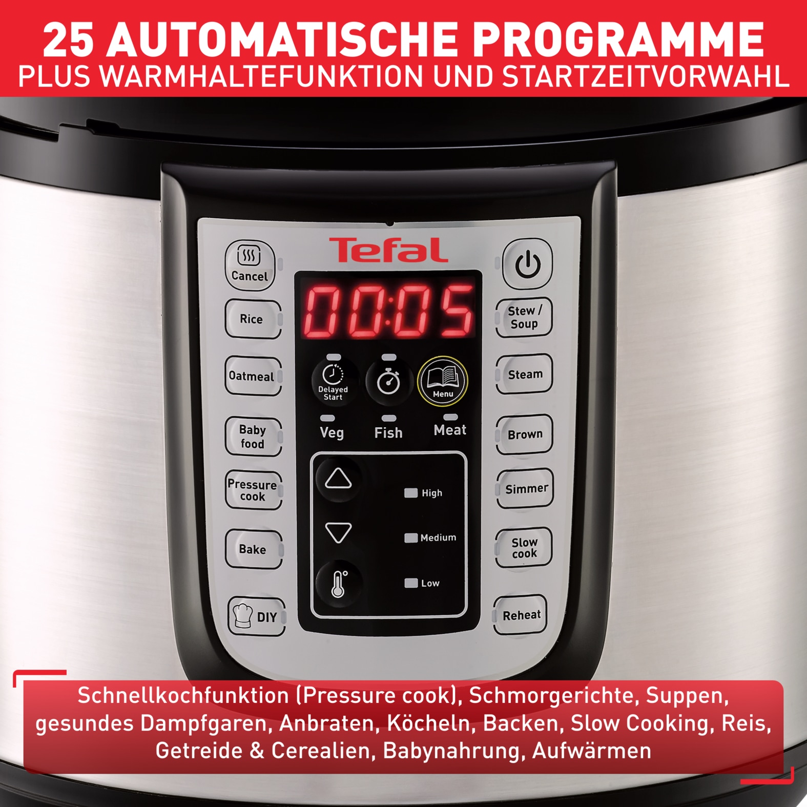 Tefal Multikocher »CY505E Fast & Delicious Multikocher, elektrischer Schnellkochtopf«, 25 automatische Programme, 6 l Fassungsvermögen, sichere Drucktechnologie, Zeit- und Temperaturregler, Warmhaltefunktion, mit Rezeptheft