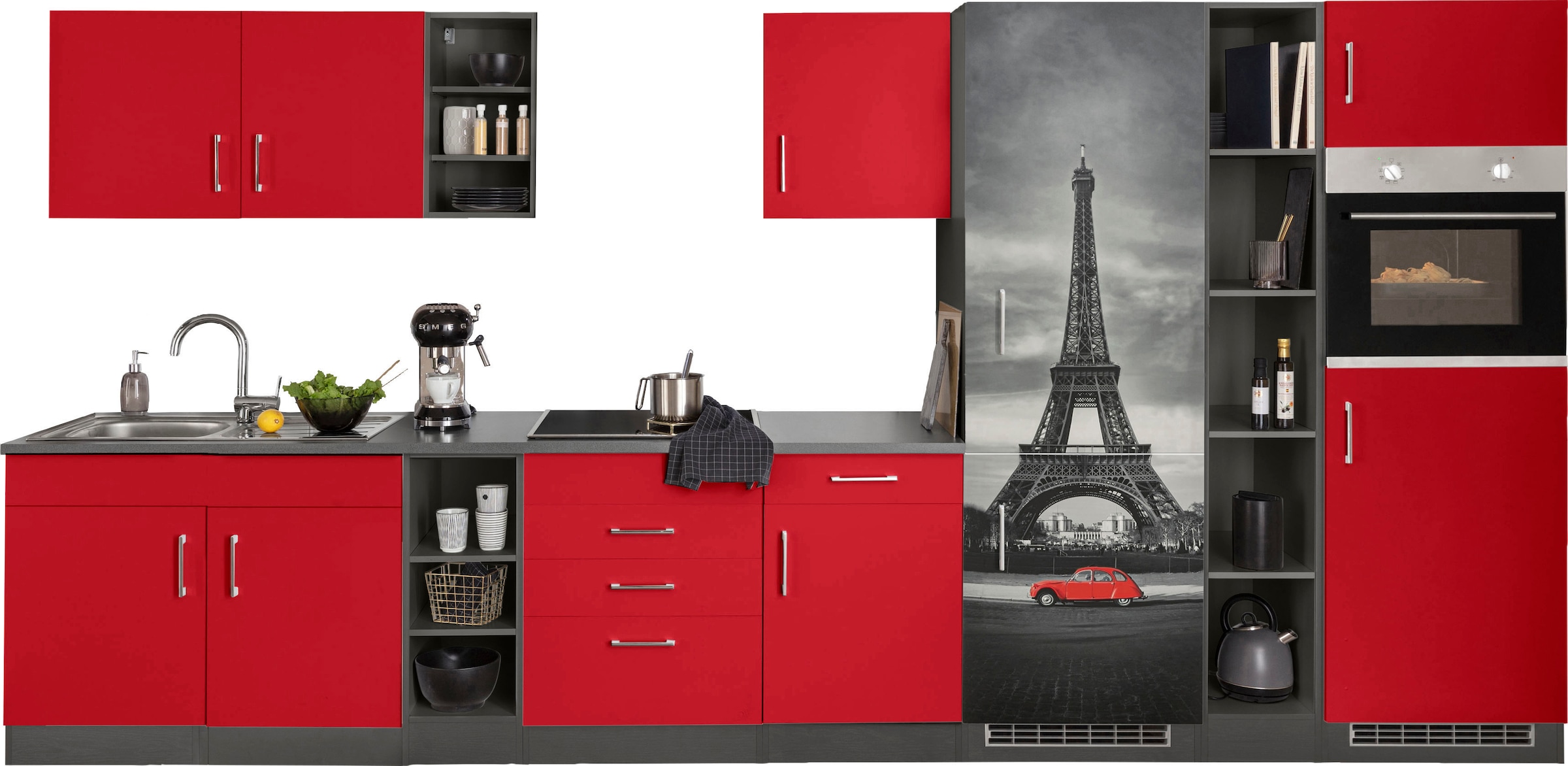 KOCHSTATION Küchenzeile »KS-Paris – Küchen mit einzigartigen Fotomotiven auf den Fronten« Breite 390 cm, wahlweise mit E-Geräten und Induktion
