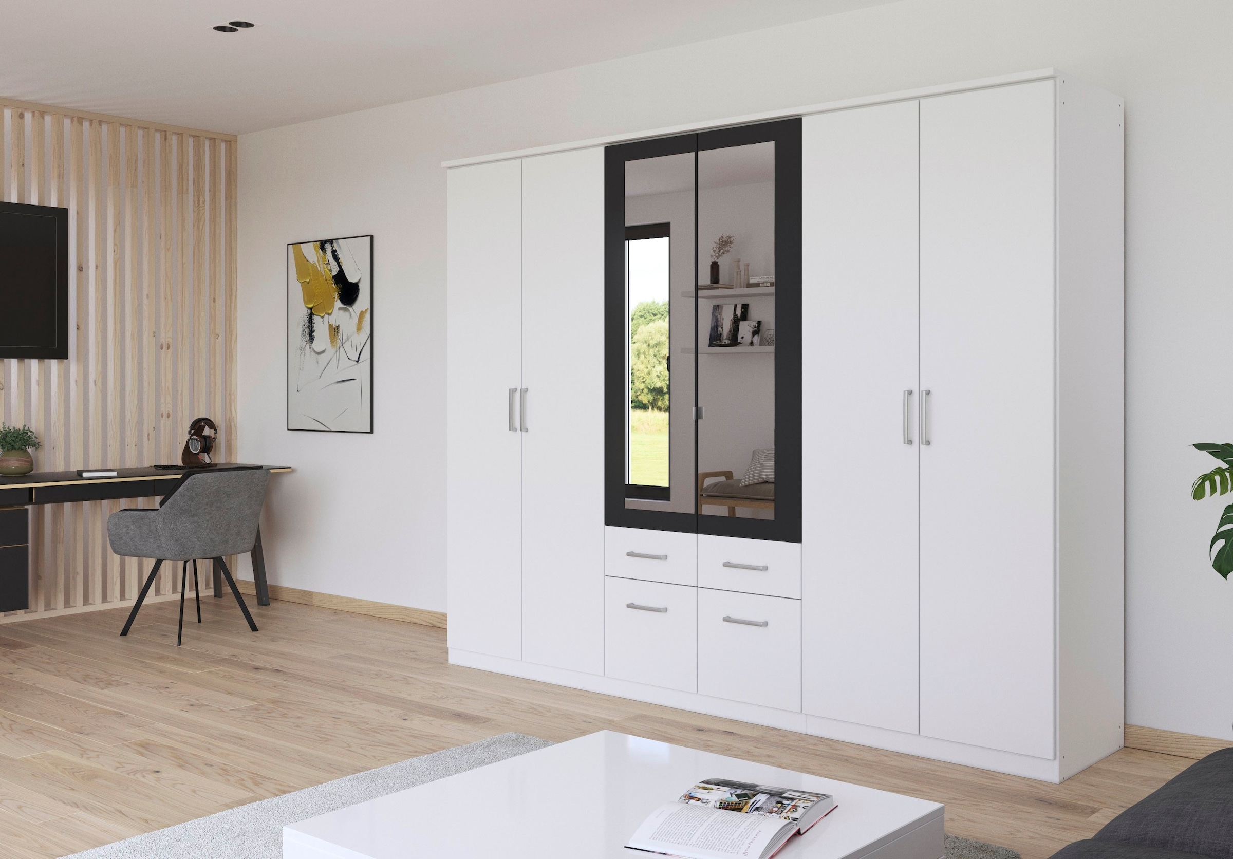 rauch Kleiderschrank »Drehtürenschrank Schrank Garderobe BURANO« mit Schubladen und Spiegelumrandung in Farbabsetzung MADE IN GERMANY