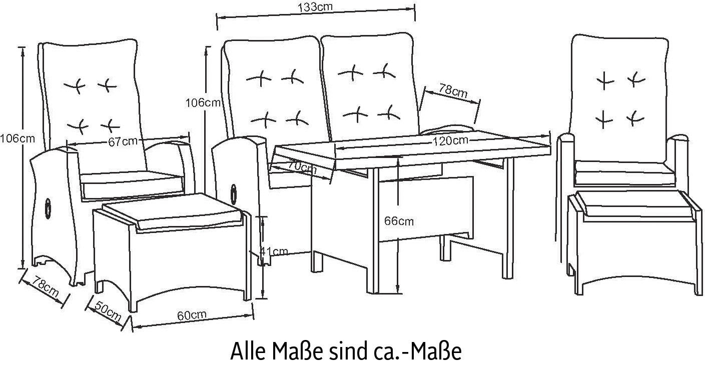 KONIFERA Garten-Essgruppe »Monaco«, (Set, 16 tlg., 1x2er Sofa, 2x Sessel, 2x Hocker, 1x Tisch 120x70x66cm, inkl. Auflagen), Polyrattan, Aluminium, Rückenlehne verstellbar, Grau