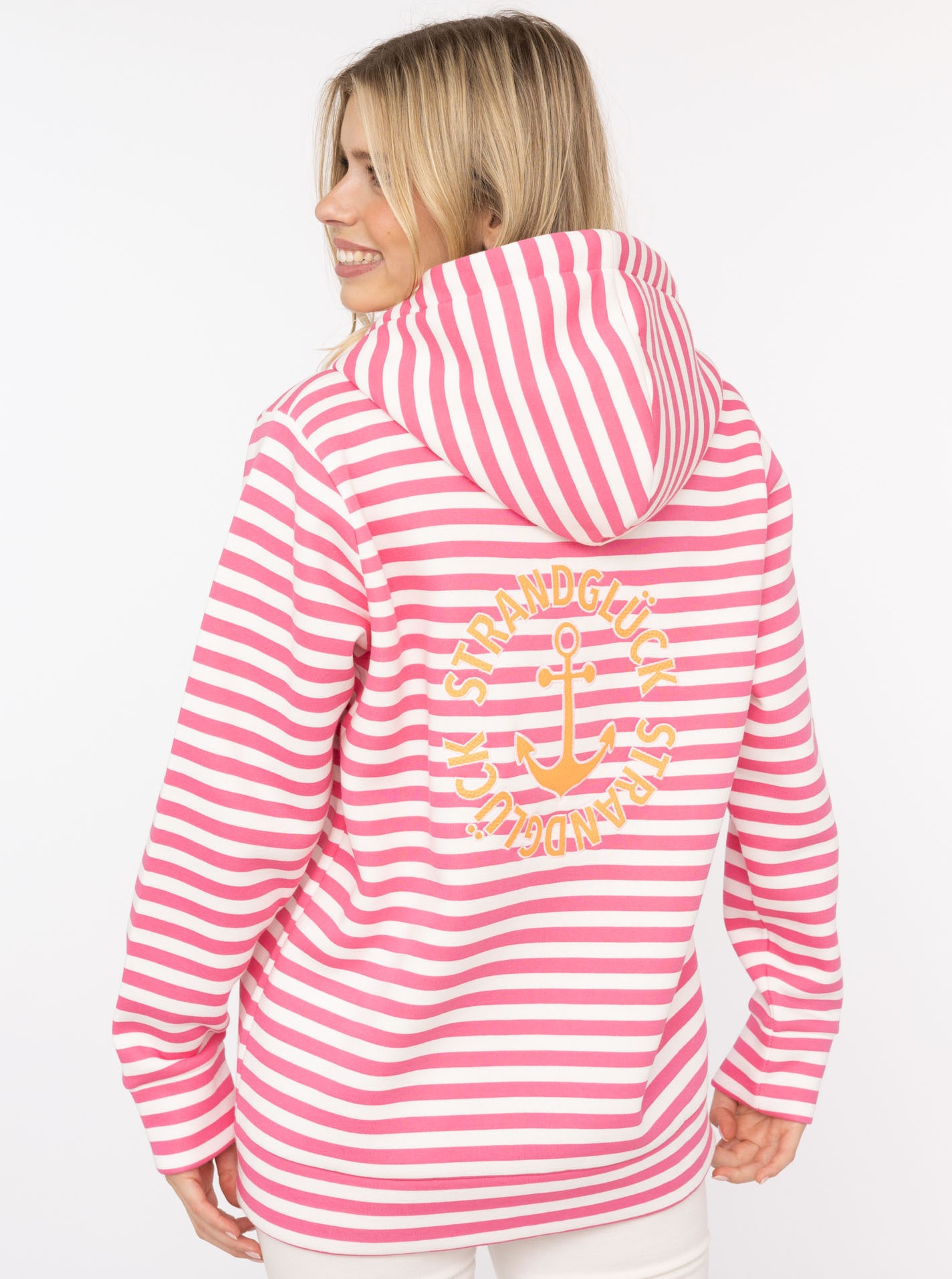 Zwillingsherz Kapuzensweatjacke »"Streifen Strandglück"«, gestreifte Hoodiejacke mit Strandglück Stickerei und Anker am Rücken