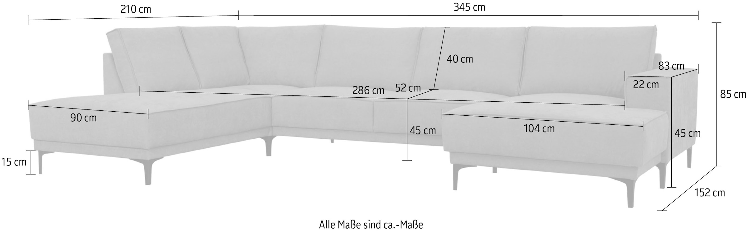 Places of Style Wohnlandschaft »XXL Sofa Oland, Struktur, Flachgewebe, Luxus-Microfaser, Boucle«, U-Form, 345 cm, Wellenunterfederung, Skandi-Design, Metallfüße