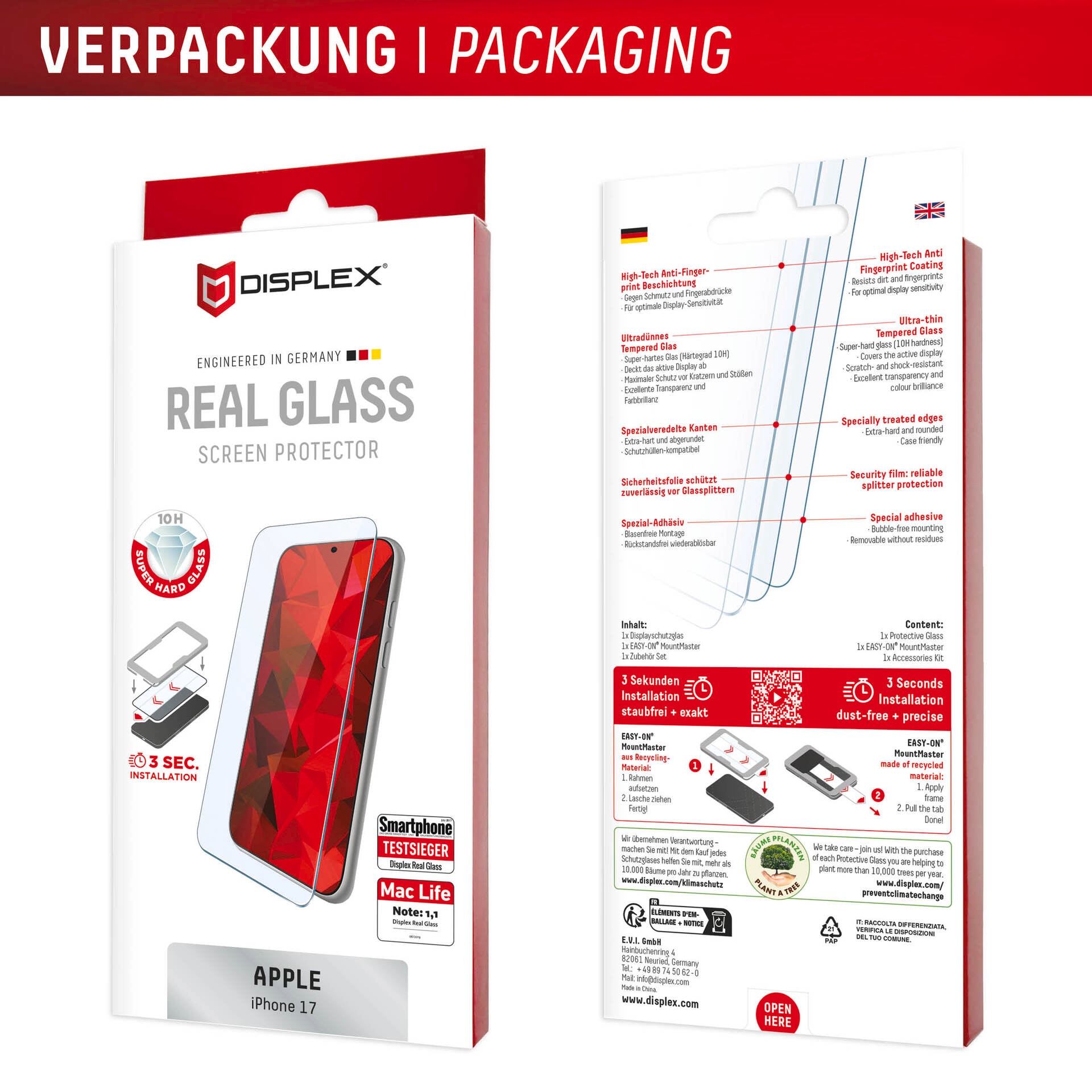 Displex Displayschutzglas »Real Glass Screen Protector mit EASY-ON MountMaster« für Apple iPhone 17 Displayschutzfolie, Schutzfolie, Bildschirmschutz, kratz- & stoßfest