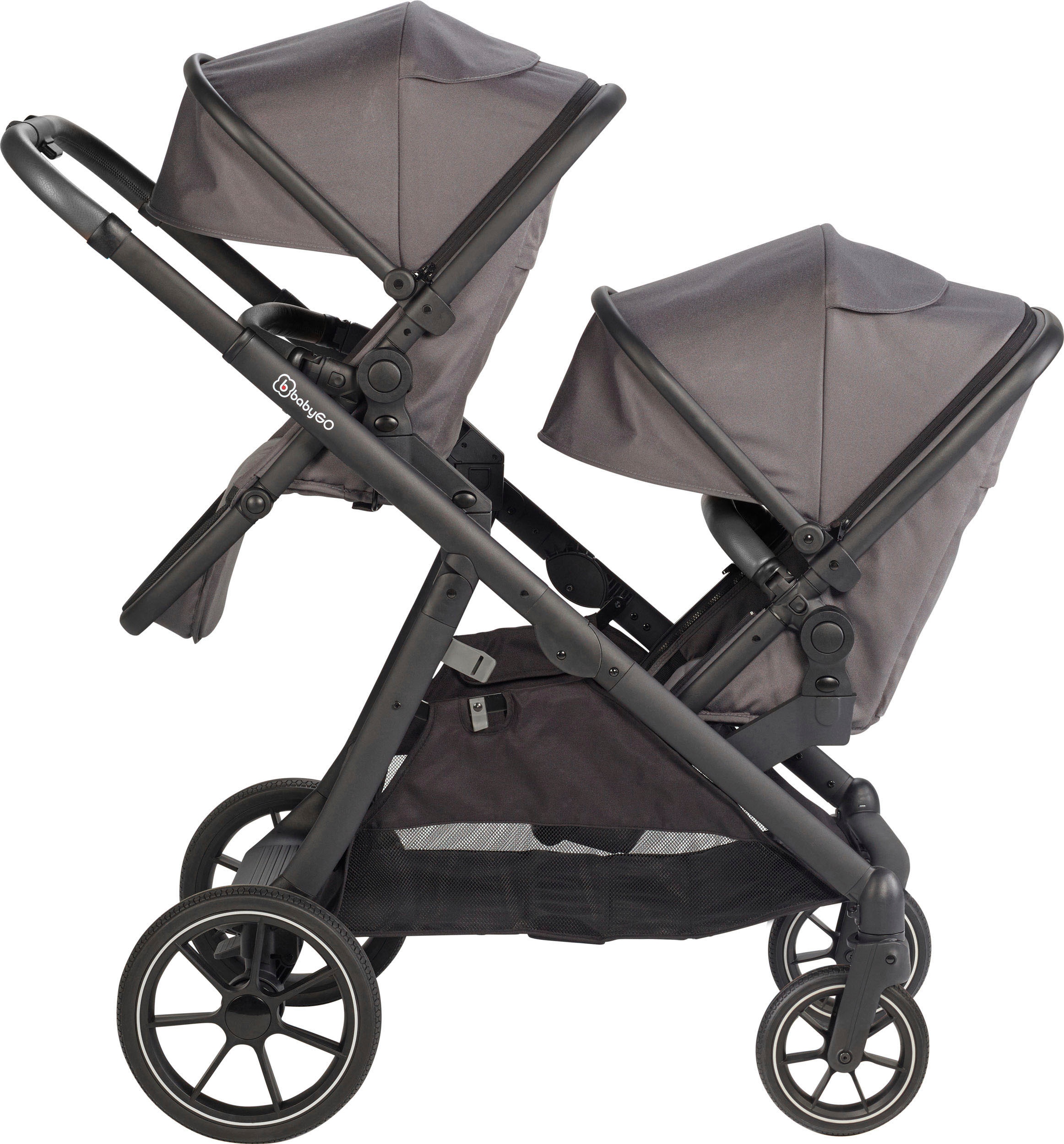 BabyGo Zwillings-Kombikinderwagen »Duo, grau«, inkl. Wickeltasche u. 2 Regenhauben