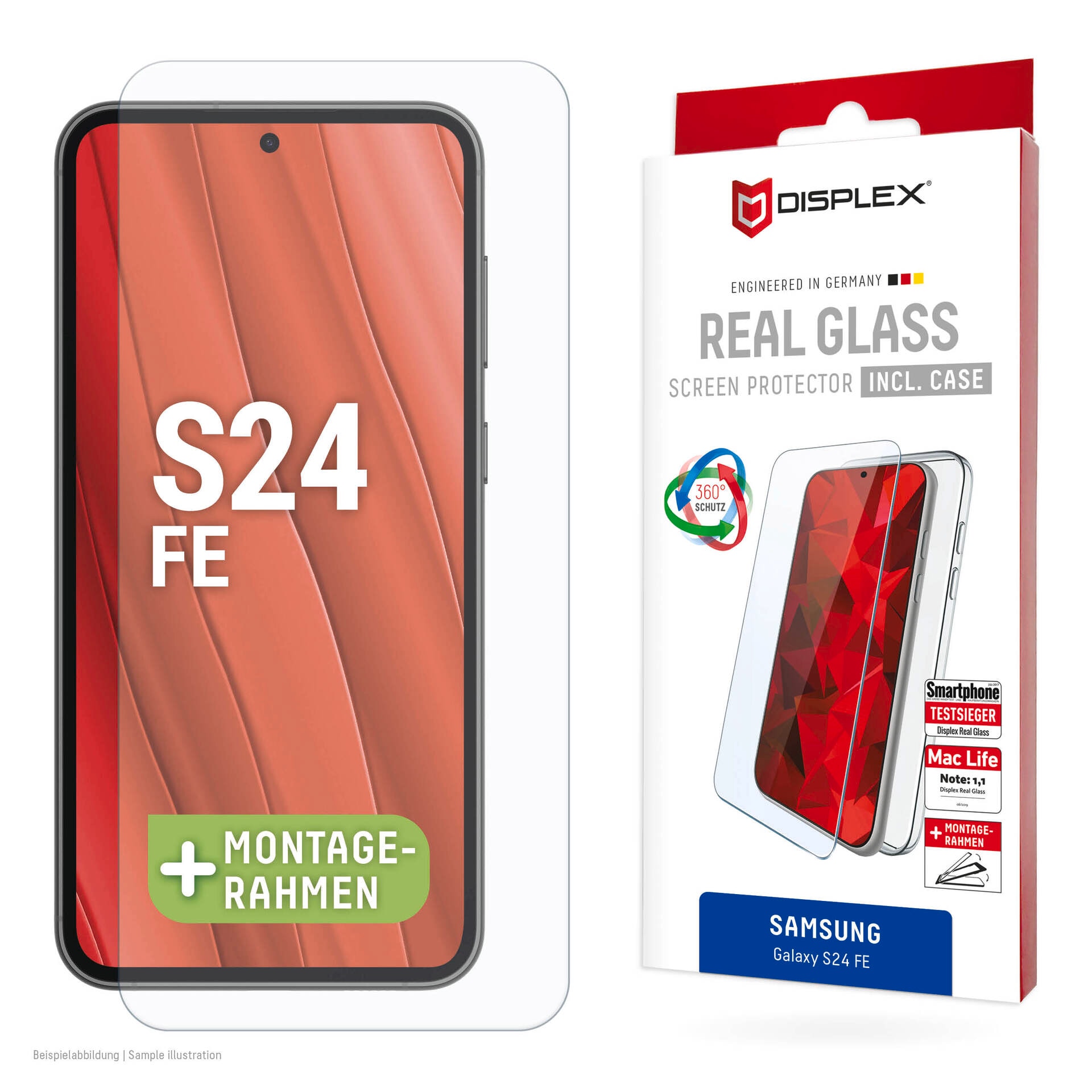 Displex Displayschutzglas »Real Glass + Case«, für Samsung Galaxy S24 FE, Displayschutzfolie, Schutzfolie, Bildschirmschutz, kratz- & stoßfest