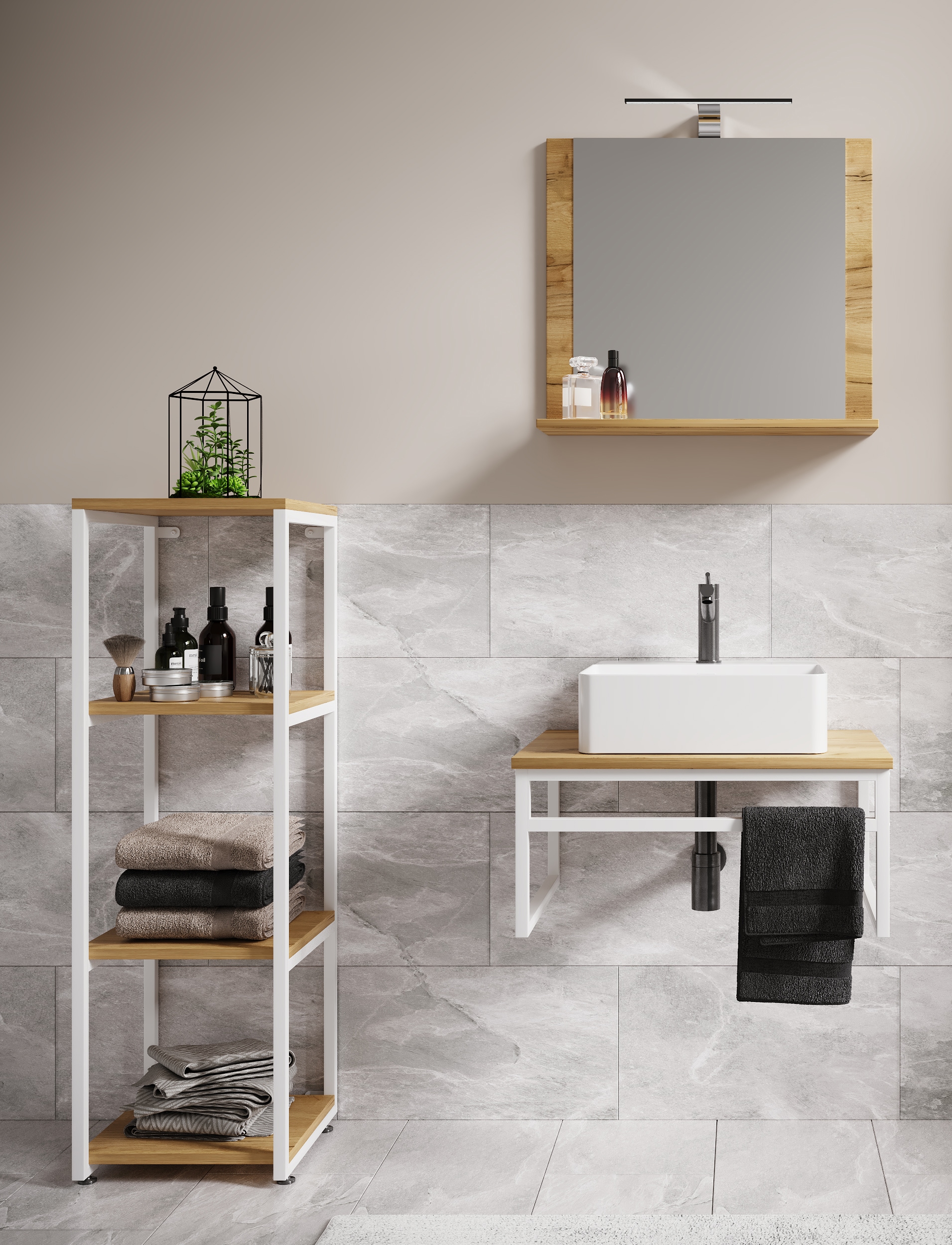 VCM Waschbeckenunterschrank »VCM 4-tlg. Waschplatz Waschtisch Badmöbel Set Waschbecken Holz Metall Industrial Style Bitila 60 V2«, (4 St.)