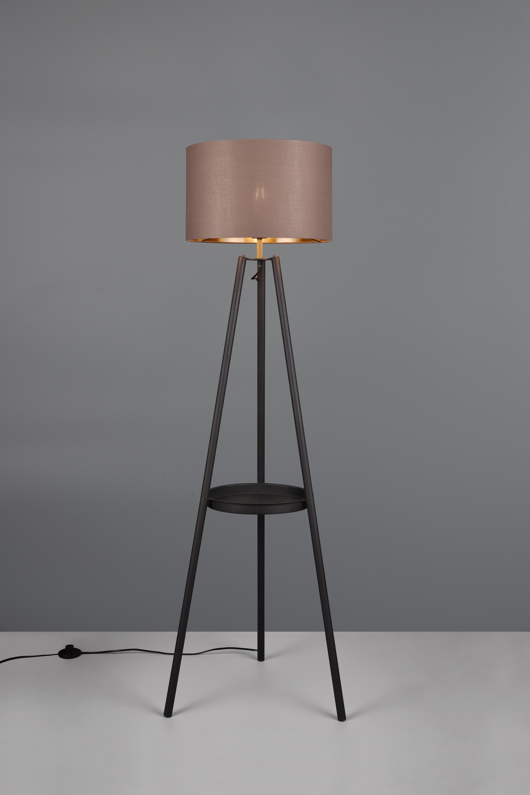 REALITY Leuchten Stehlampe »COLETTE, Stehleuchte Dreibein mit Ablagefläche exkl 1xE27 max 60W«, 1 flammig, Leuchtmittel E27 | Leuchtmittel wechselbar, Stehleuchte Ø 57cm mit Fußschalter moderne Farbkombination innen gold