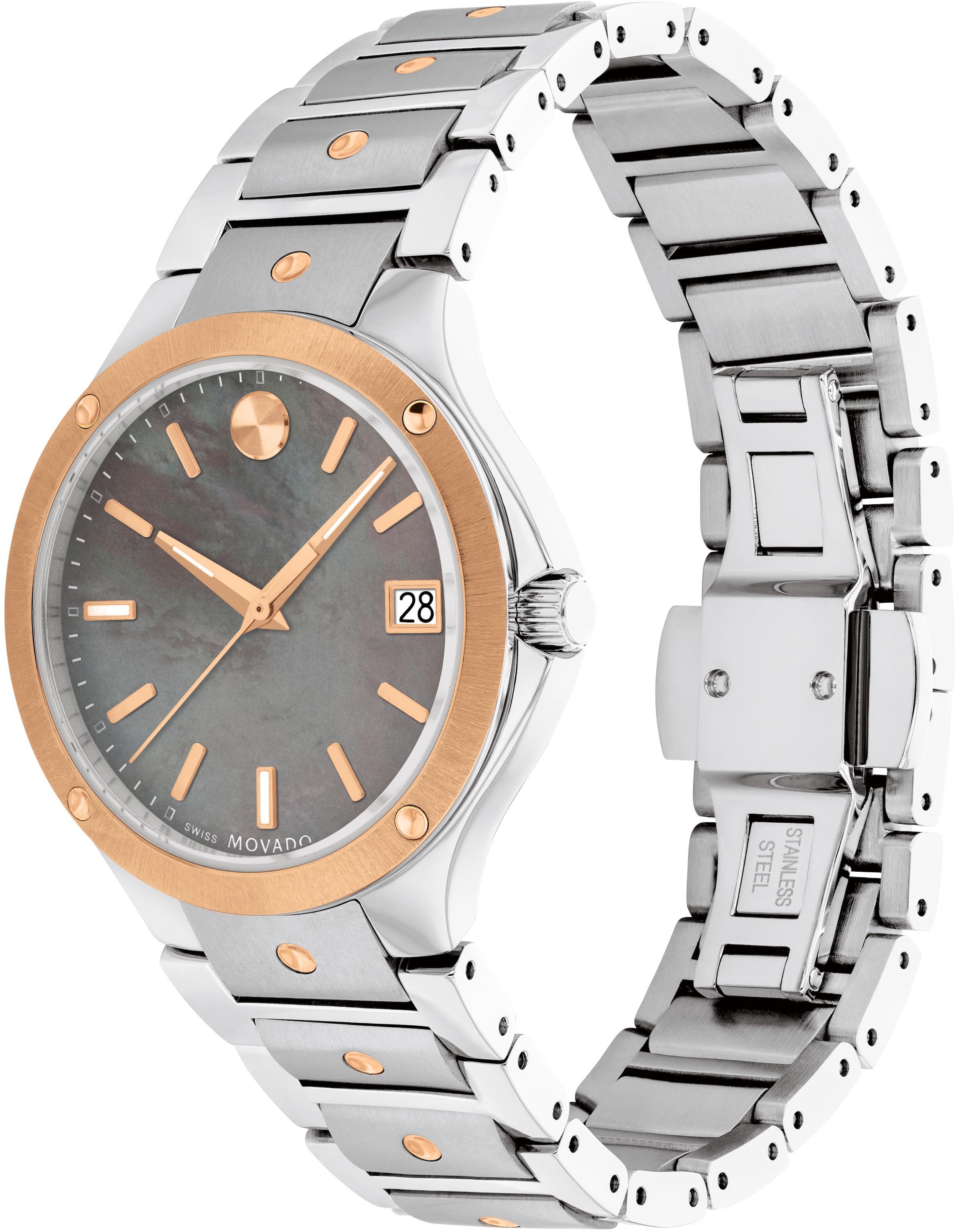 MOVADO Schweizer Uhr »SE.Quarz, 0607705«, Quarzuhr, Armbanduhr, Damenuhr, Swiss Made, Perlmutt-Zifferblatt