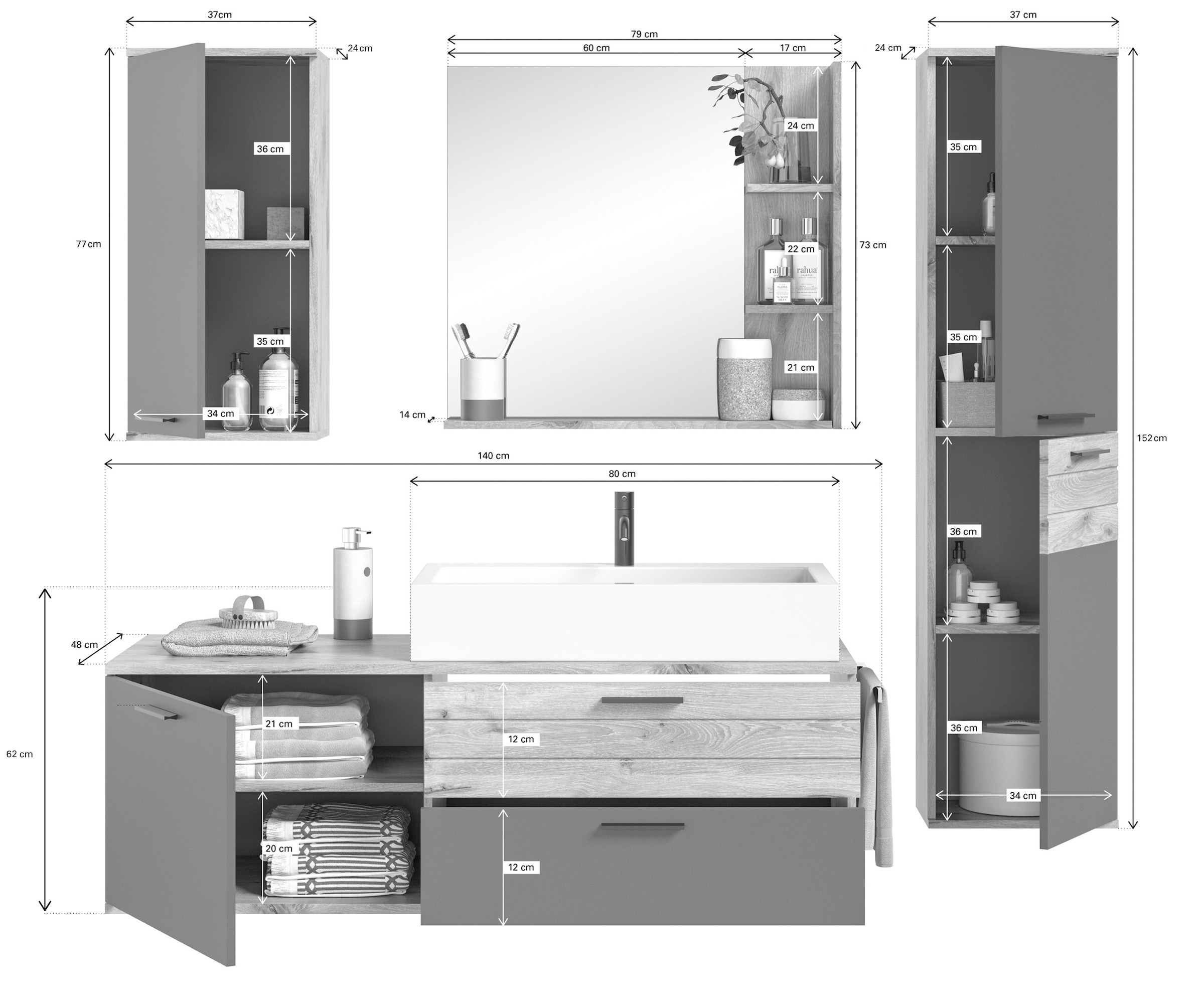 INOSIGN Badmöbel-Set »Riga, 4 teilig, inklusive Keramik-Aufsatzwaschbecken, bestehend aus:«, (Set, 4 St.), Waschtisch-Set, Hängeschrank, Badspiegel, Midischrank