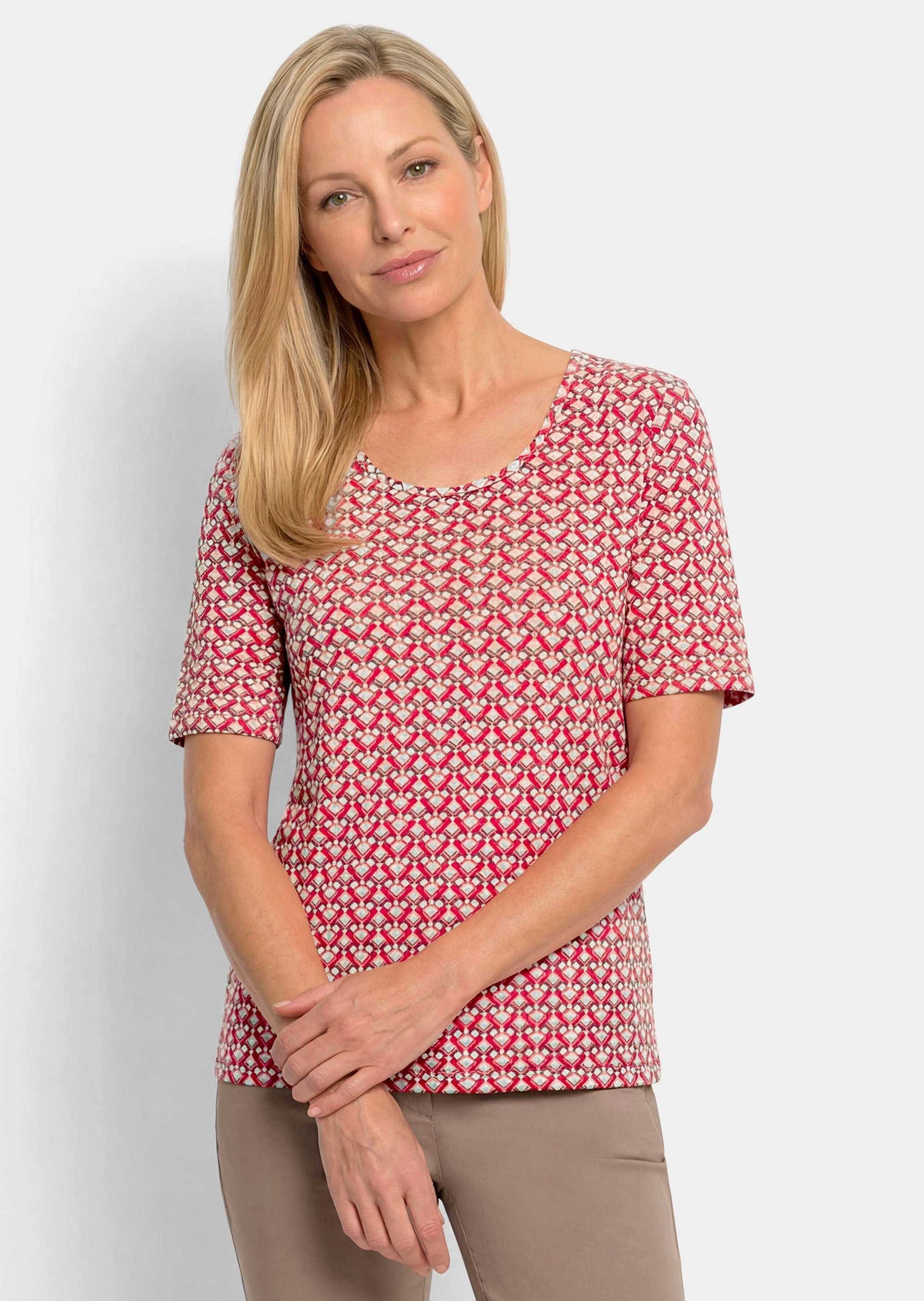 GOLDNER Kurzarmshirt »Kurzgröße Jersey-Shirt mit Minimal-Rautenmuster« stretchbequemer Viskosejersey