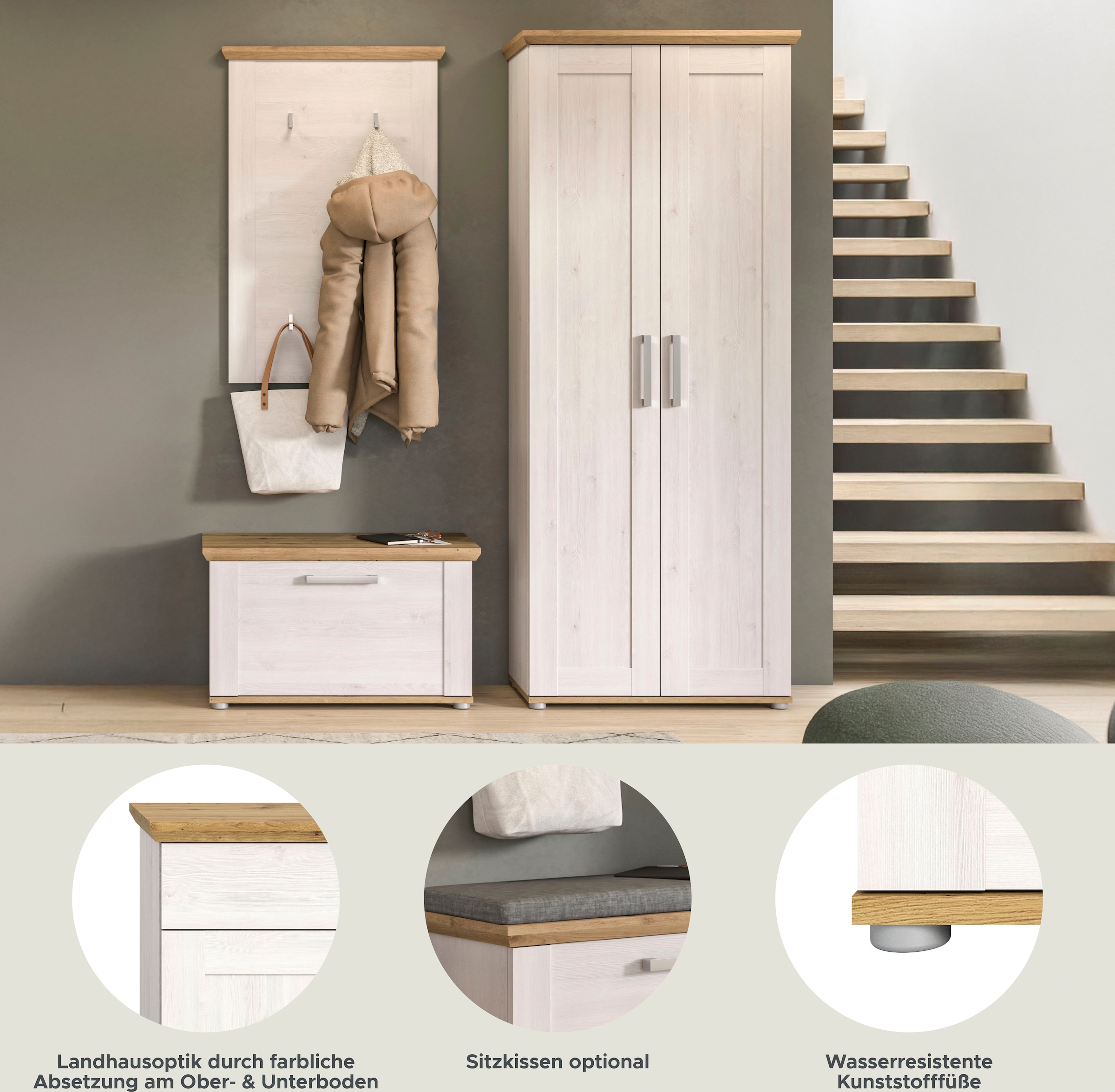 Home affaire Garderoben-Set »Cosenza, Breite ca. 175 cm, 2-farbig, 3-teilig, bestehend aus:«, (3 St.), Garderobenschrank, Sitzbank, Garderobenpaneel, in Landhausoptik