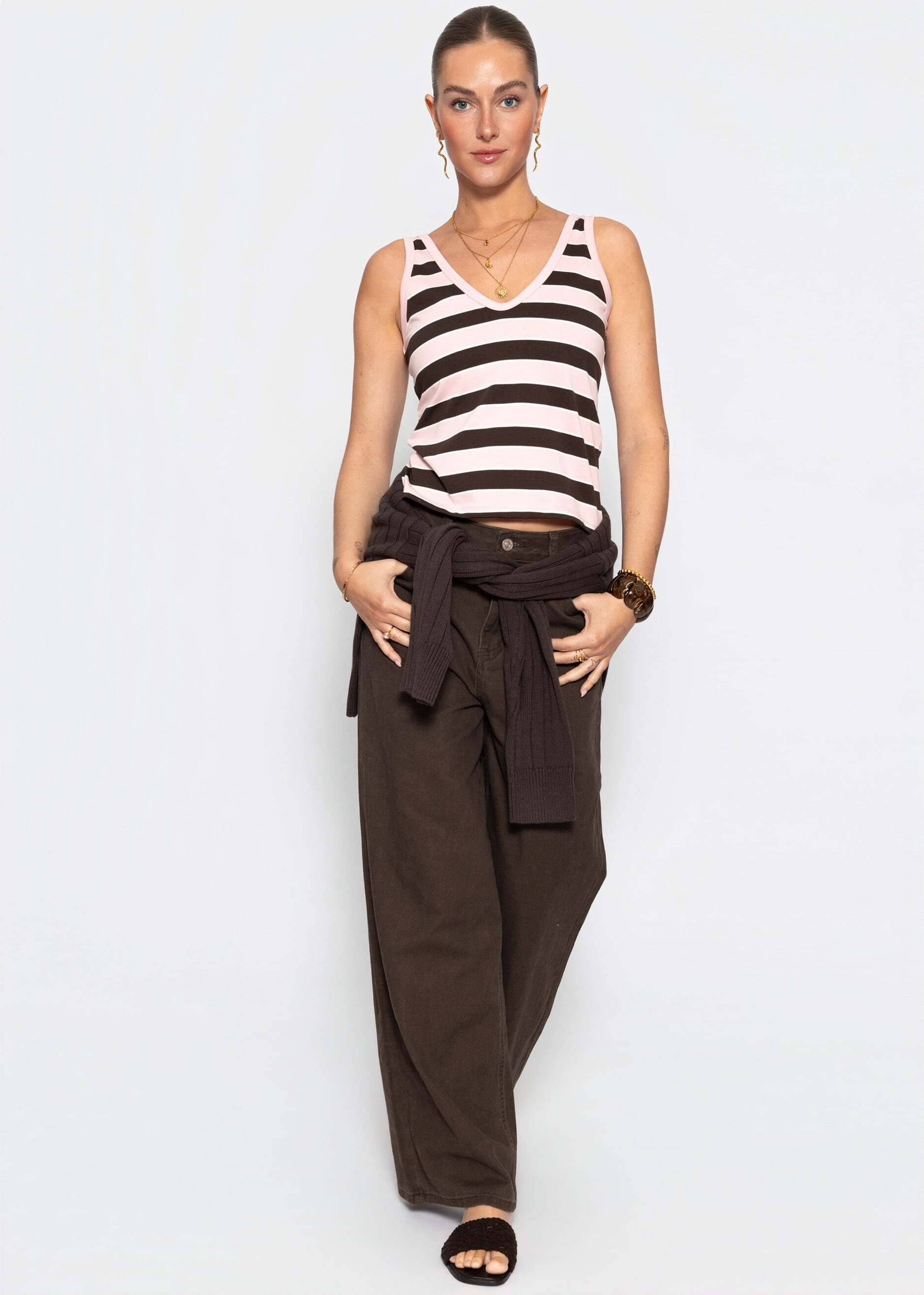 SASSYCLASSY T-Shirt »Gestreiftes Tank Top mit V-Ausschnitt« Ärmelloses Top aus Baumwoll/Viskose in schmaler Passform