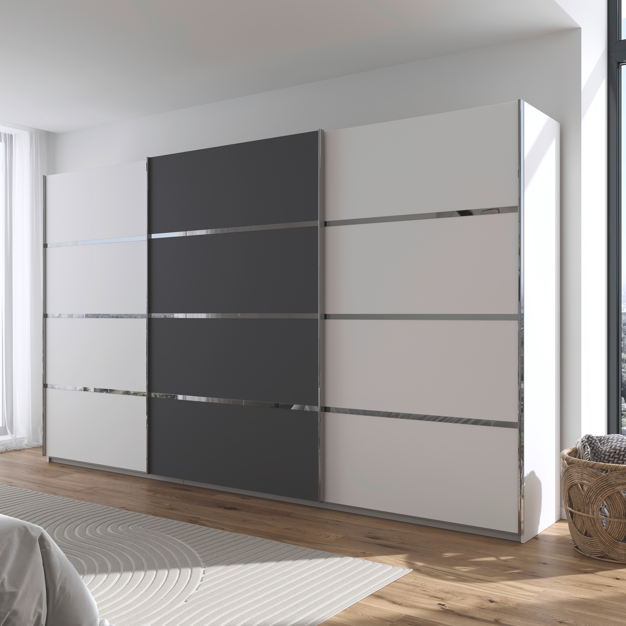 rauch Kleiderschrank »Schwebetürenschrank Garderobe Schrank TOP ANGEBOT Avola«, (in 3 verschiedenen Ausstattungen BASIC/CLASSIC/PREMIUM), mit eleganten Zierleisten in Chrom, Schwarz oder Weiß MADE IN GERMANY