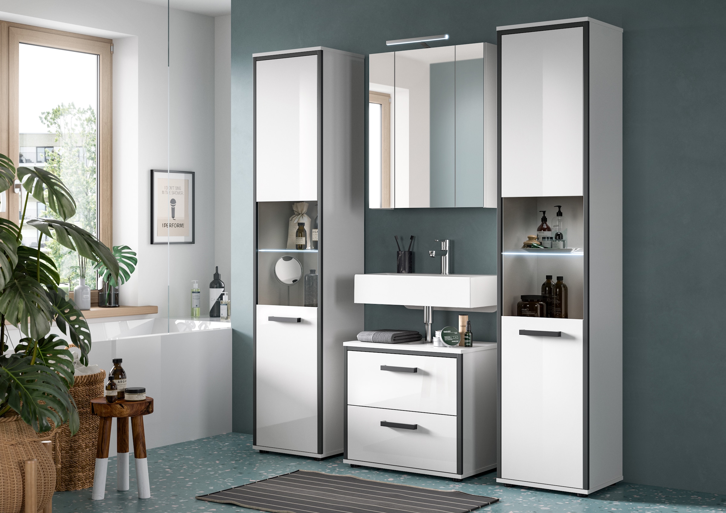 welltime Badmöbel-Set »KAJO, 4-tlg. Badkombination, weiß hochglanz inkl.Beleuchtung« Set, Set, best. aus: 2 Hochschränken,WBU,Spiegelschrank,Beleuchtung, 7 Stk. tlg.