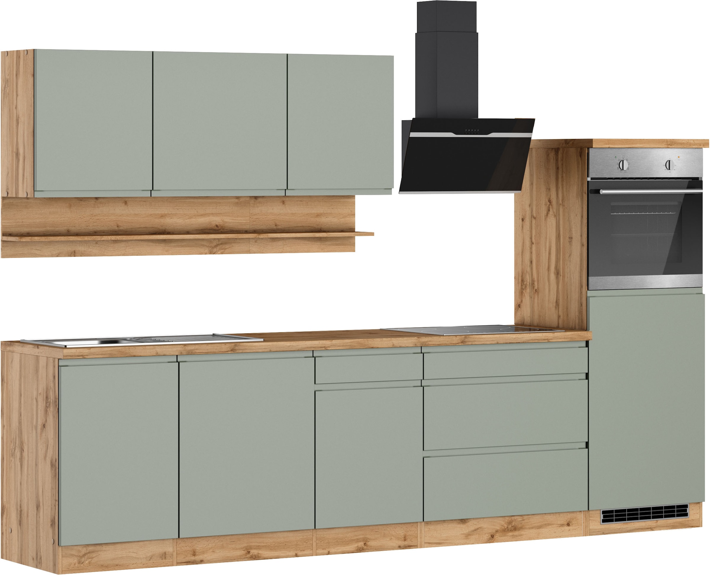 KOCHSTATION Küchenzeile »KS-Virginia,neu in verbesserter Ausführung« Arbeitsplatte 38 mm stark, Stauraum, Softclose,  Breite 300 cm, Soft-Close, ohne E-Geräte