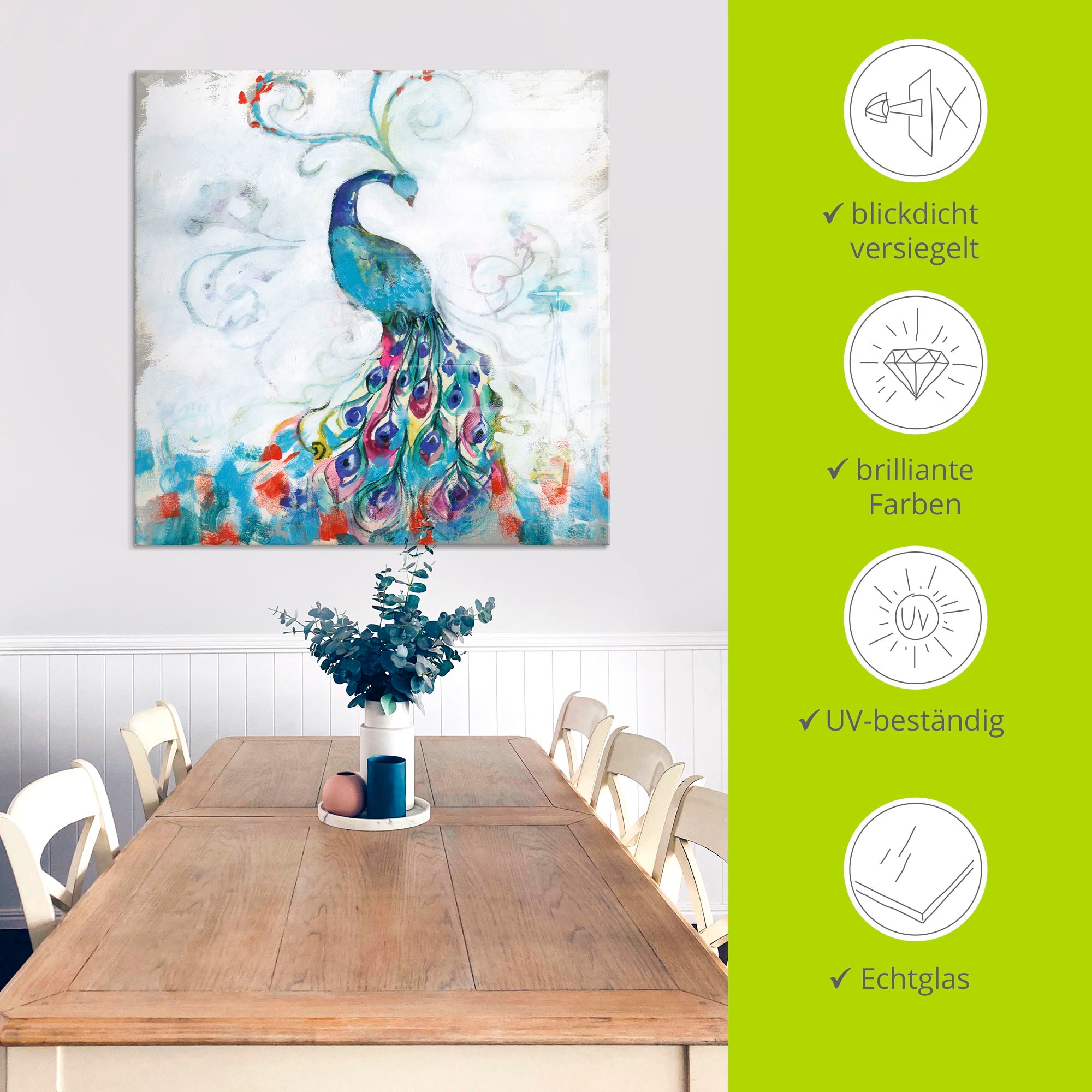Artland Glasbild »Konfettipfau I«, Vögel, (1 St.), in verschiedenen Größen