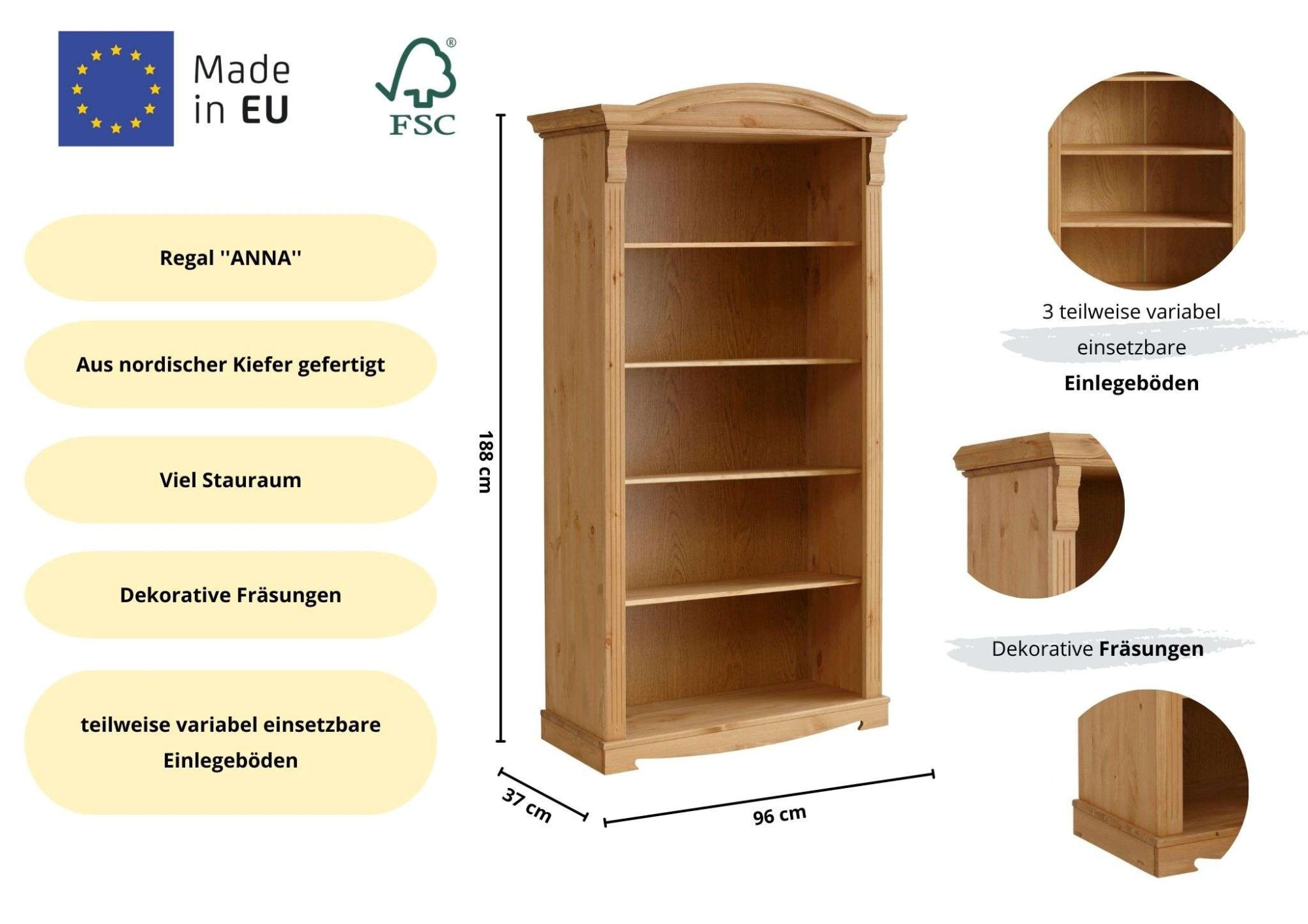 Home affaire Standregal »Anna, Regal, Aktenregal, Bücherregal« B/T/H: 96/37/188 cm,  aus massiver Kiefer, Breite 96 cm, mit schönen Details und Fräsungen
