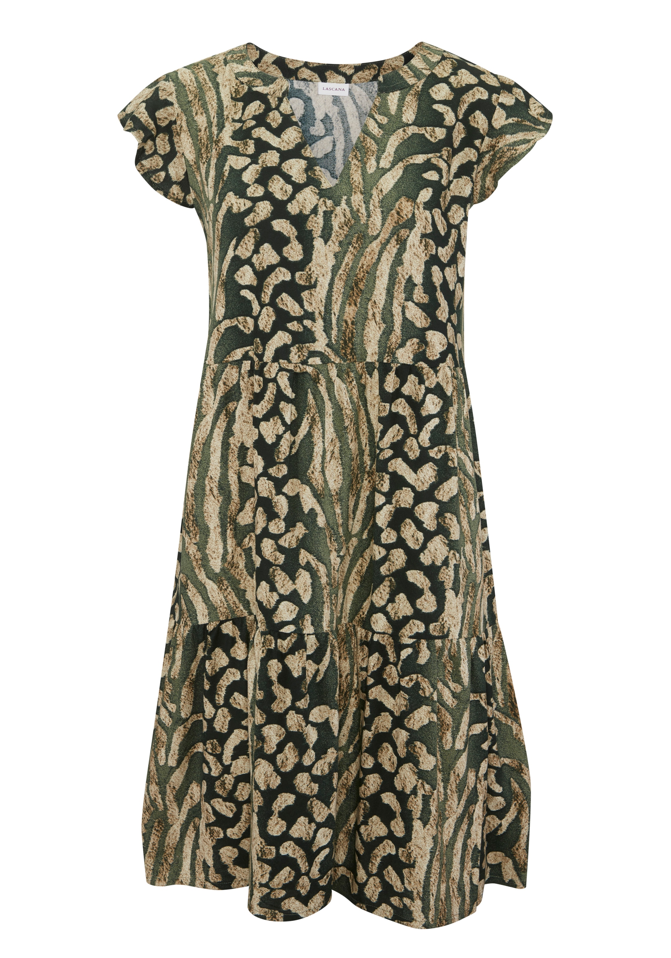 LASCANA Sommerkleid »mit Animalprint und süßen Flügelärmeln aus gewebter Viskose« Ohne Taschen Luftiges Sommerkleid, Strandkleid, Tunikakleid, Blusenkleid, Festival