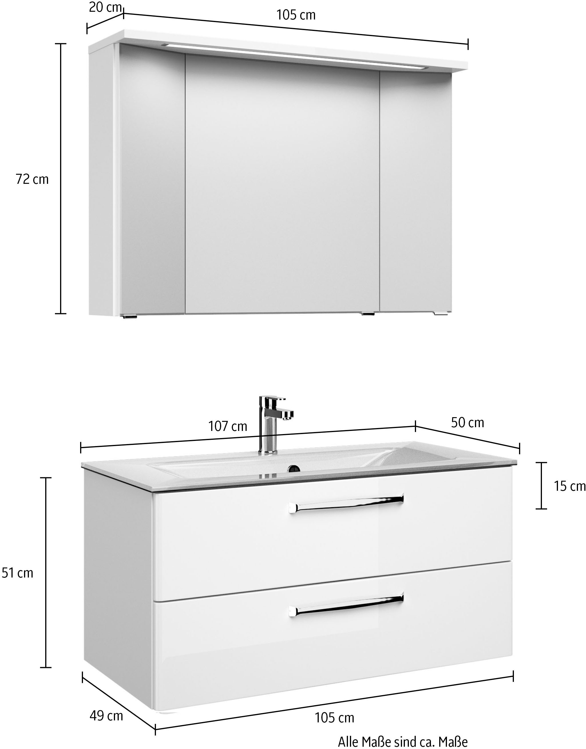 Saphir Badmöbel-Set »Trentino 2-teilig Glas-Waschtisch, Spiegelschrank mit LED-Leuchte«, (3 St.), Badmöbel-Set 107cm breit, inkl. Türdämpfer, 3 Türen, 2 Auszügen