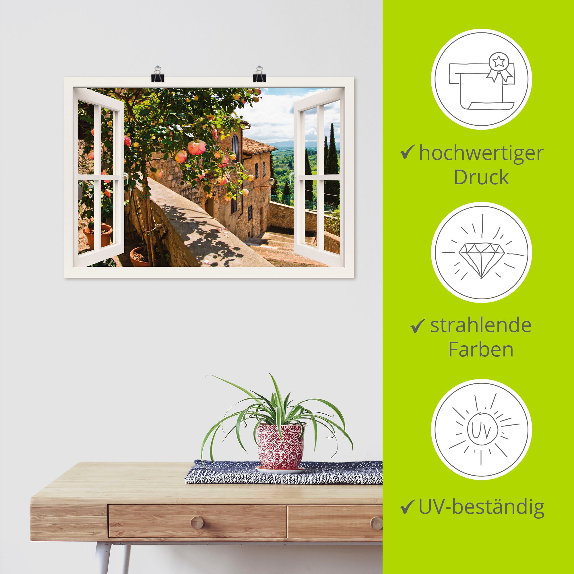 Artland Wandbild »Fensterblick Rosen auf Balkon Toskana«, Garten, (1 St.), als Alubild, Outdoorbild, Leinwandbild, Poster, Wandaufkleber