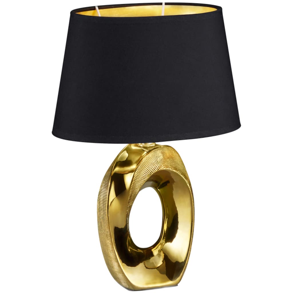 TRIO Leuchten Schreibtischlampe »Taba«, E14, 1 St., Nachttischlampe, Tischlampe golfarbig, Stoffschirm in schwarz/gold, Leuchtmittel wechselbar E14, Wohnzimmerlampe